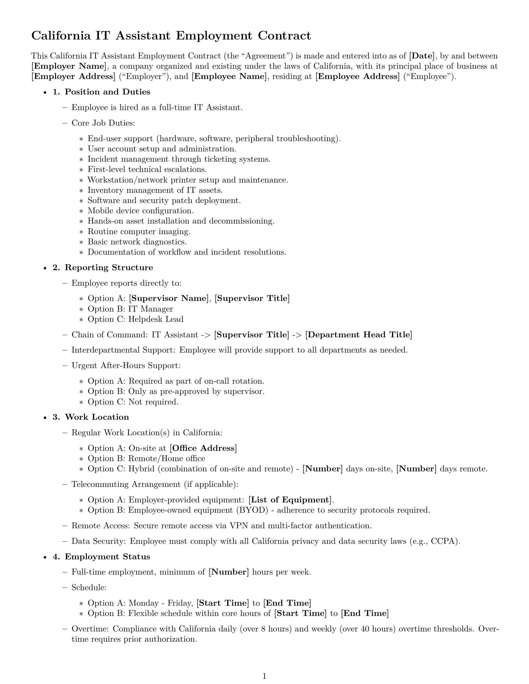 Preview page 1 of Free California IT assistant employment contract template