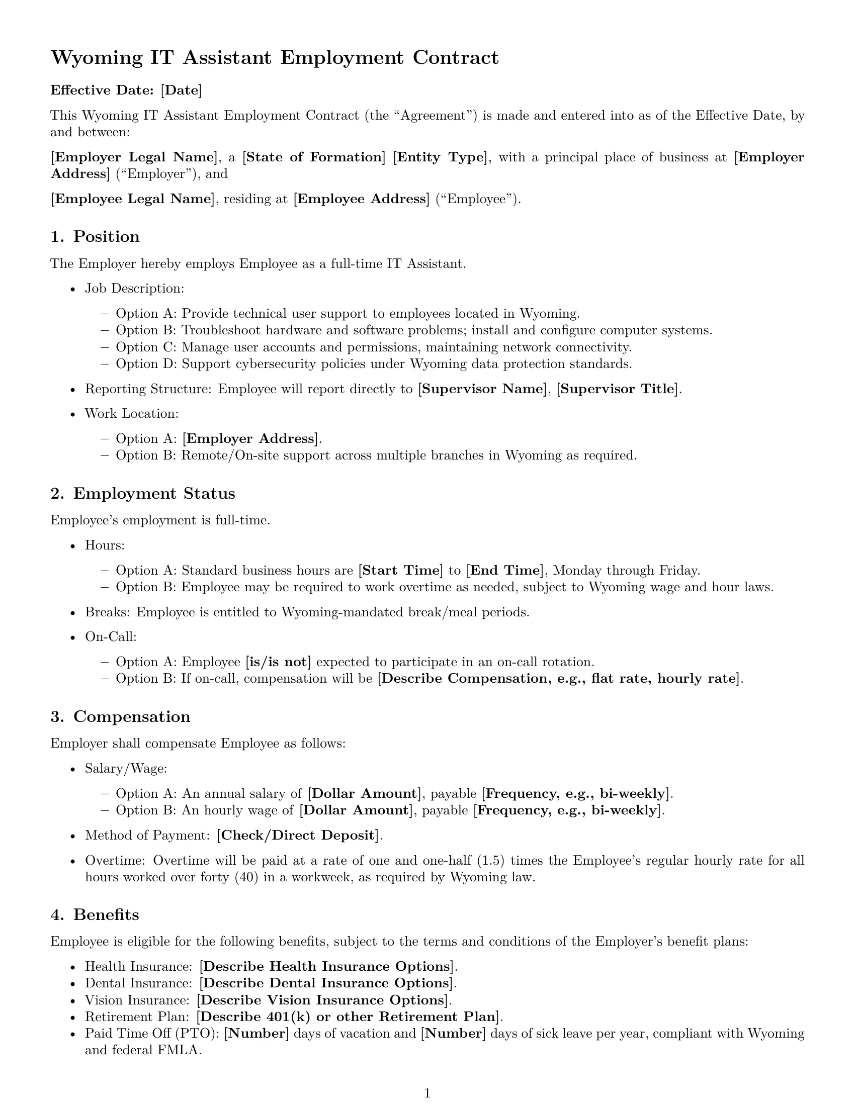 Preview page 1 of Free Wyoming IT assistant employment contract template