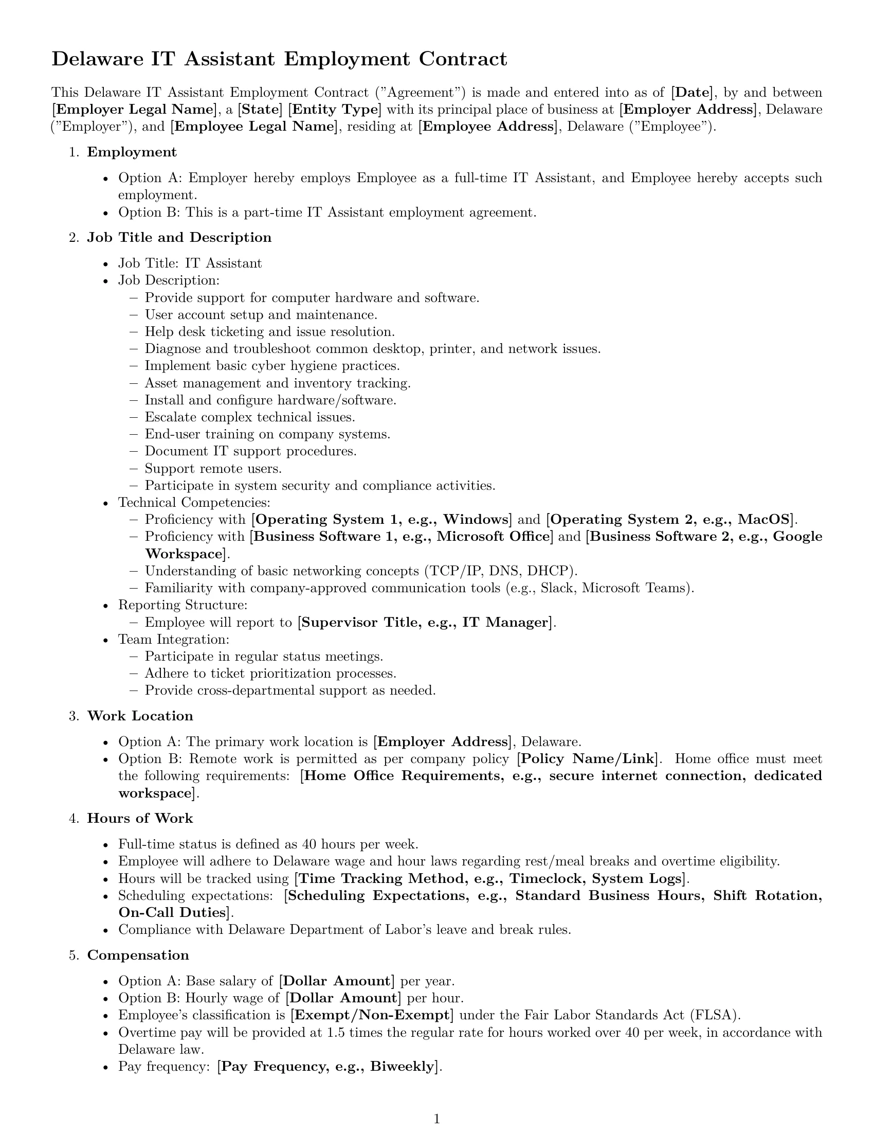 Preview page 1 of Free Delaware IT assistant employment contract template