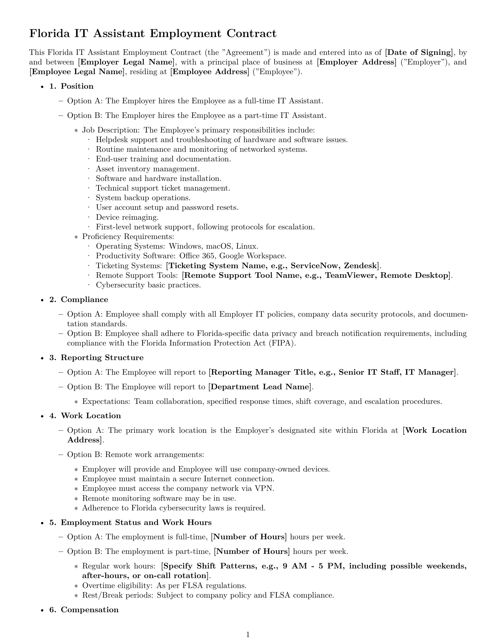Preview page 1 of Free Florida IT assistant employment contract template