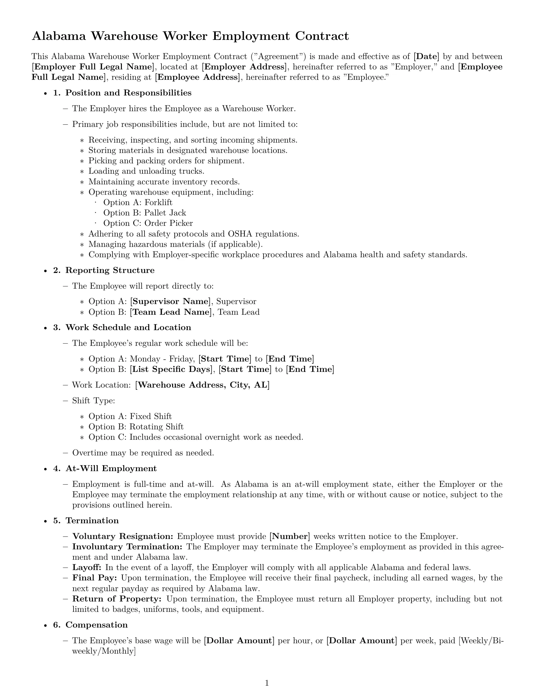 Preview page 1 of Free Alabama warehouse worker employment contract template