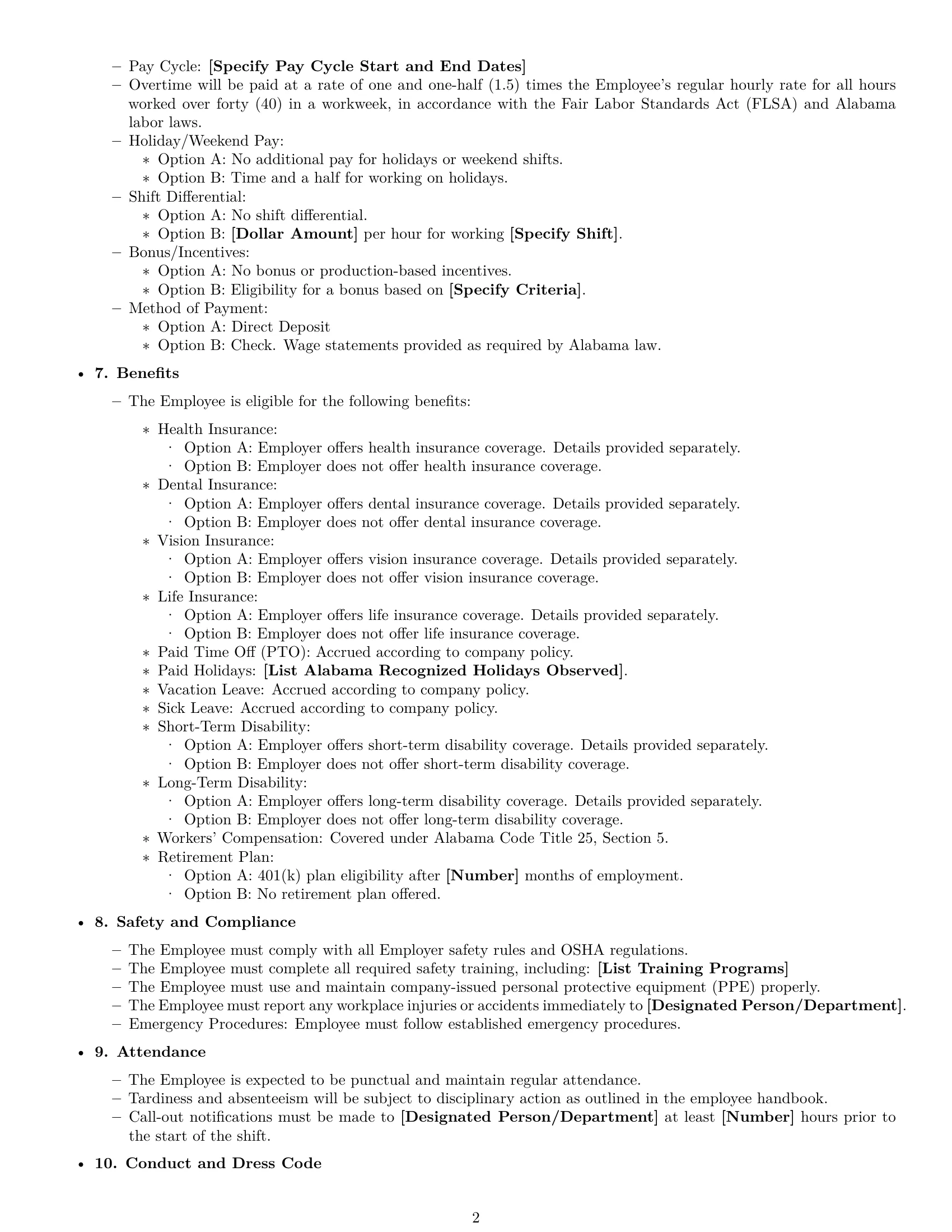 Preview page 2 of Free Alabama warehouse worker employment contract template