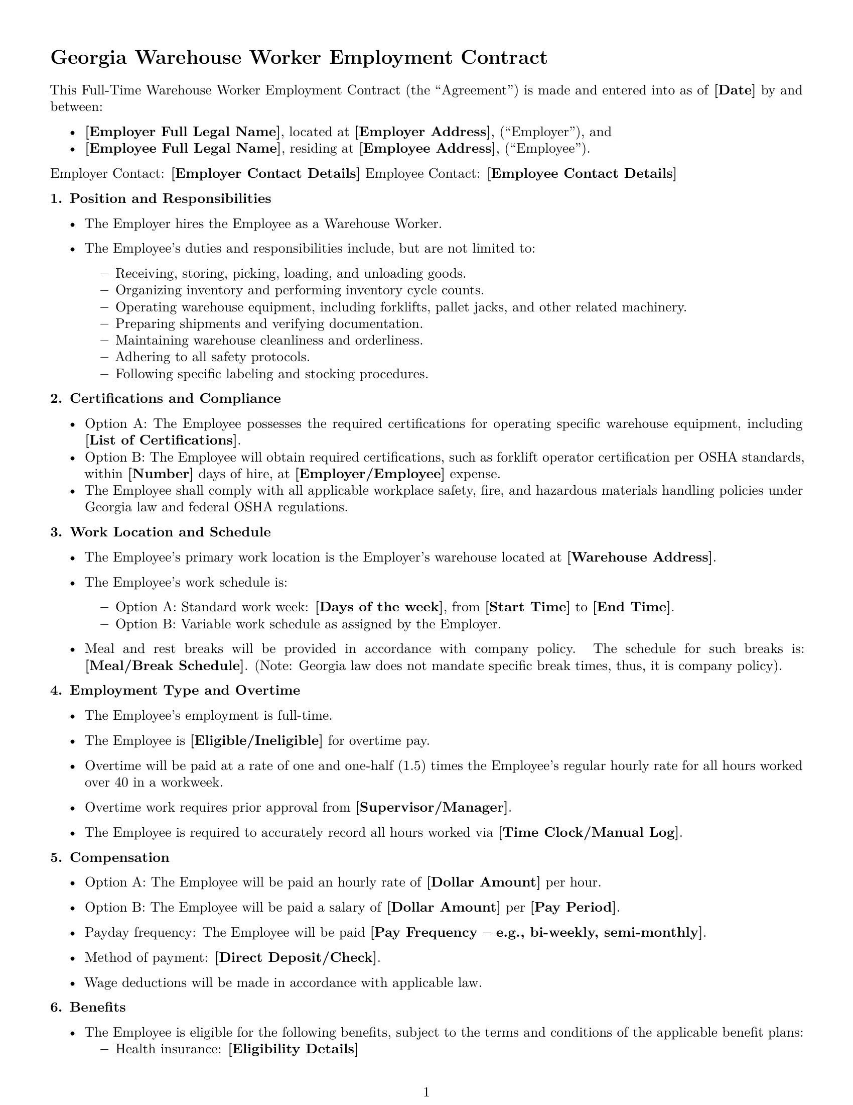 Preview page 1 of Free Georgia warehouse worker employment contract template