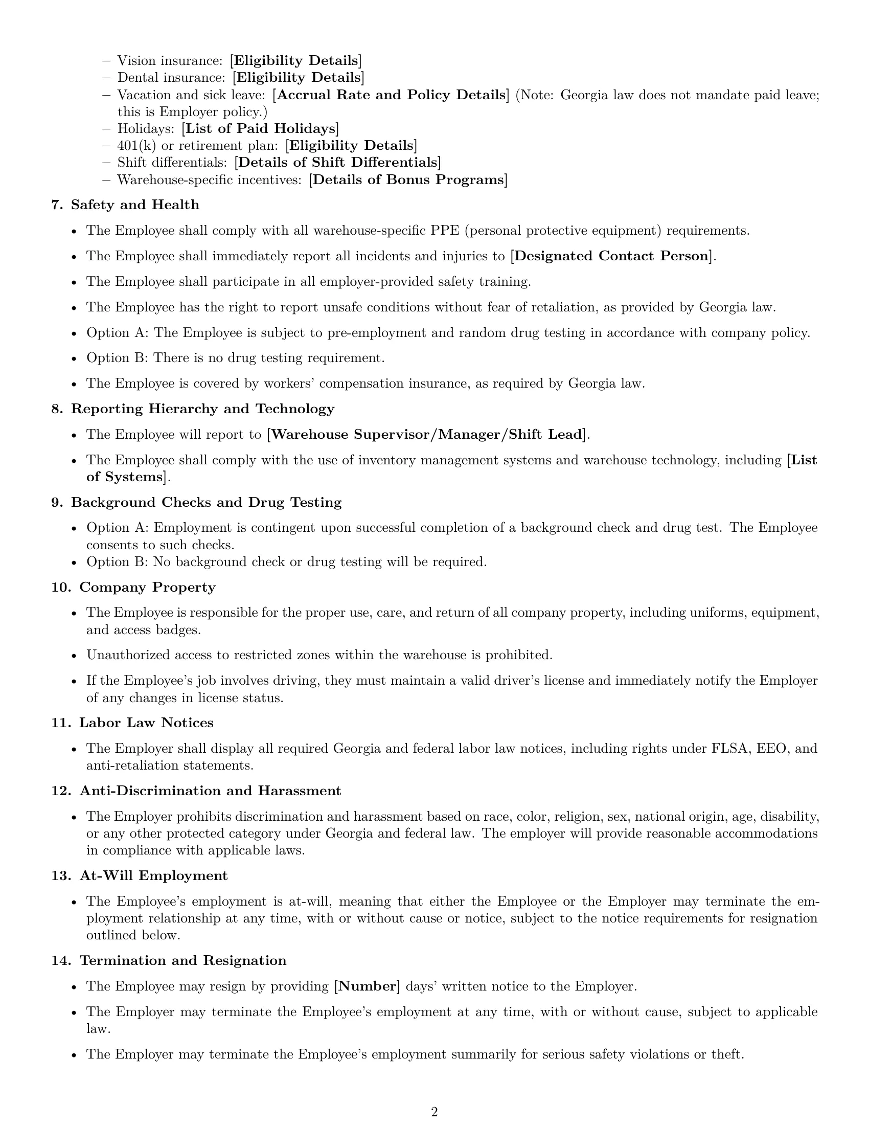 Preview page 2 of Free Georgia warehouse worker employment contract template