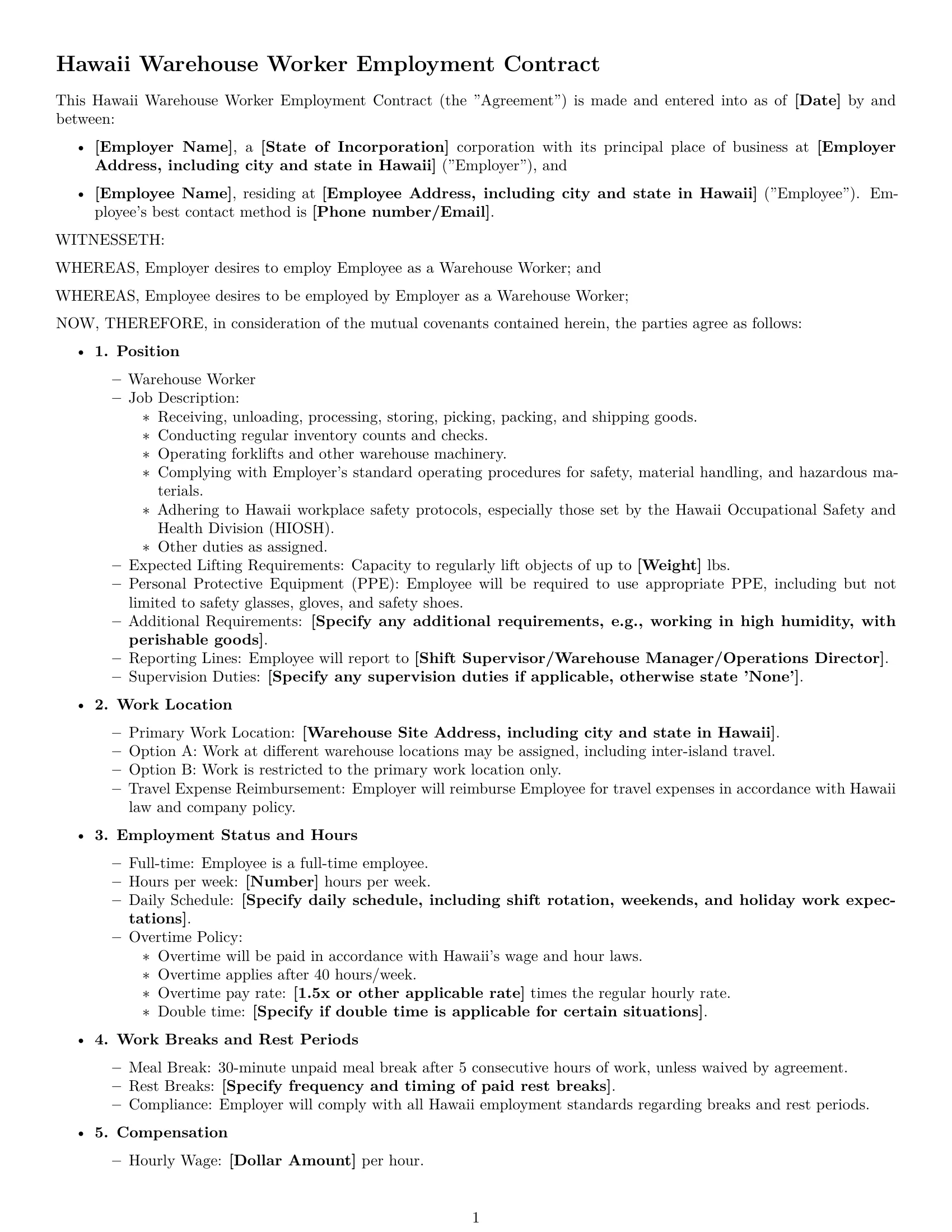 Preview page 1 of Free Hawaii warehouse worker employment contract template