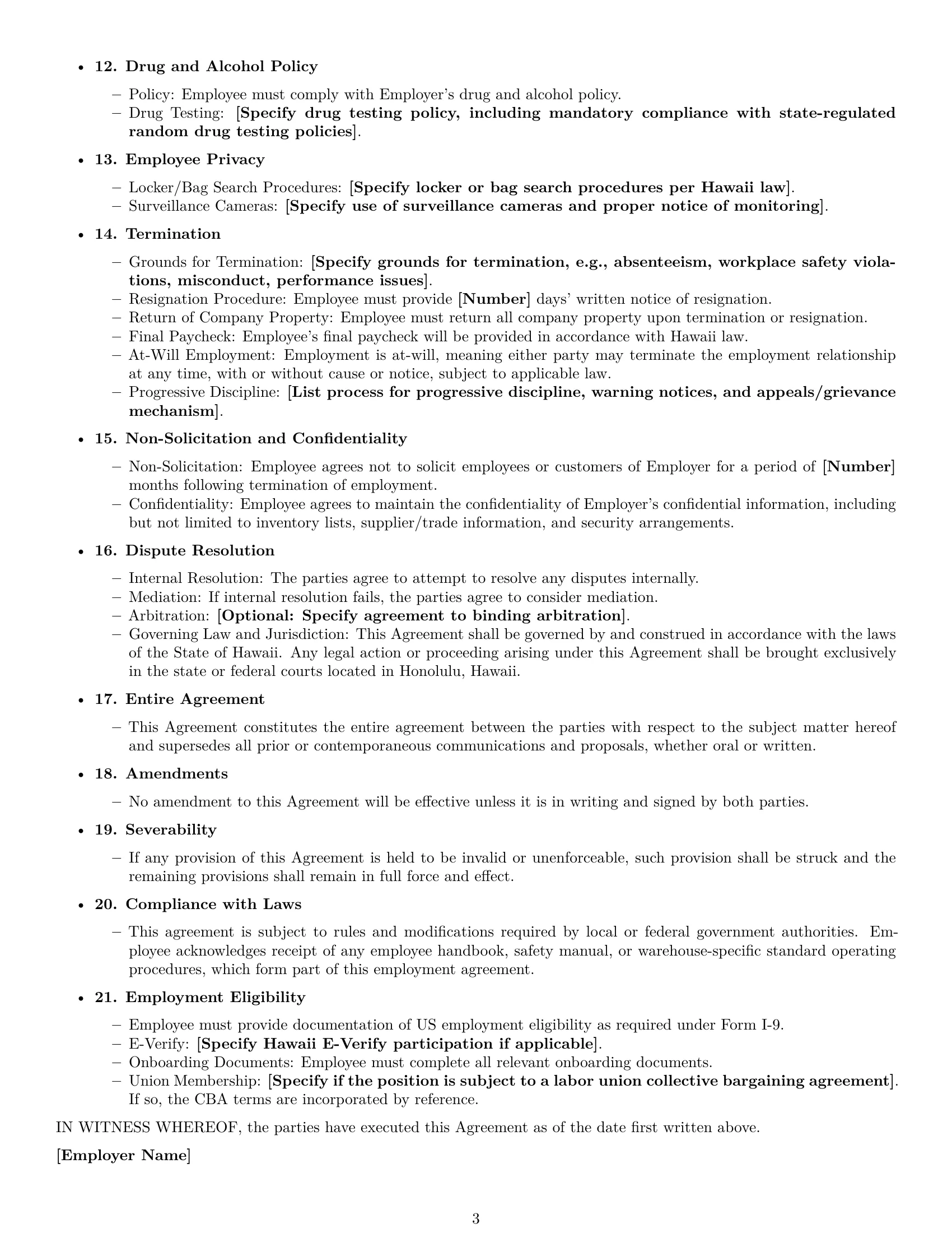 Preview page 3 of Free Hawaii warehouse worker employment contract template
