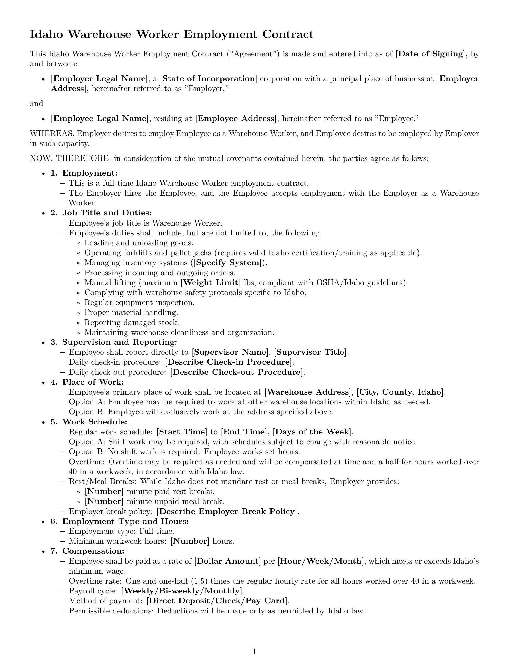 Preview page 1 of Free Idaho warehouse worker employment contract template