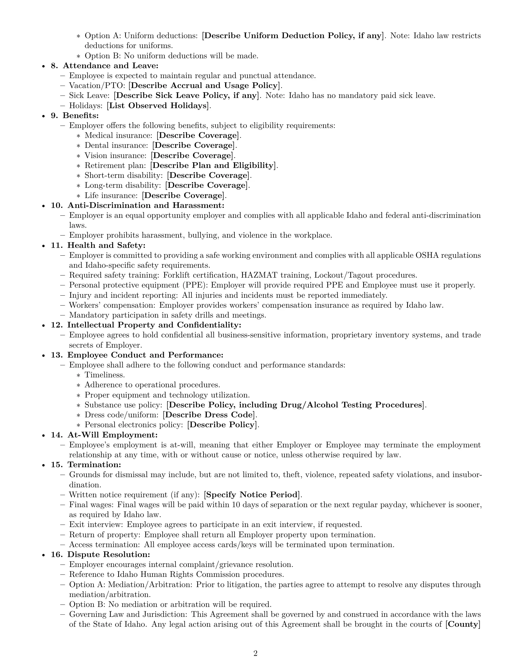 Preview page 2 of Free Idaho warehouse worker employment contract template