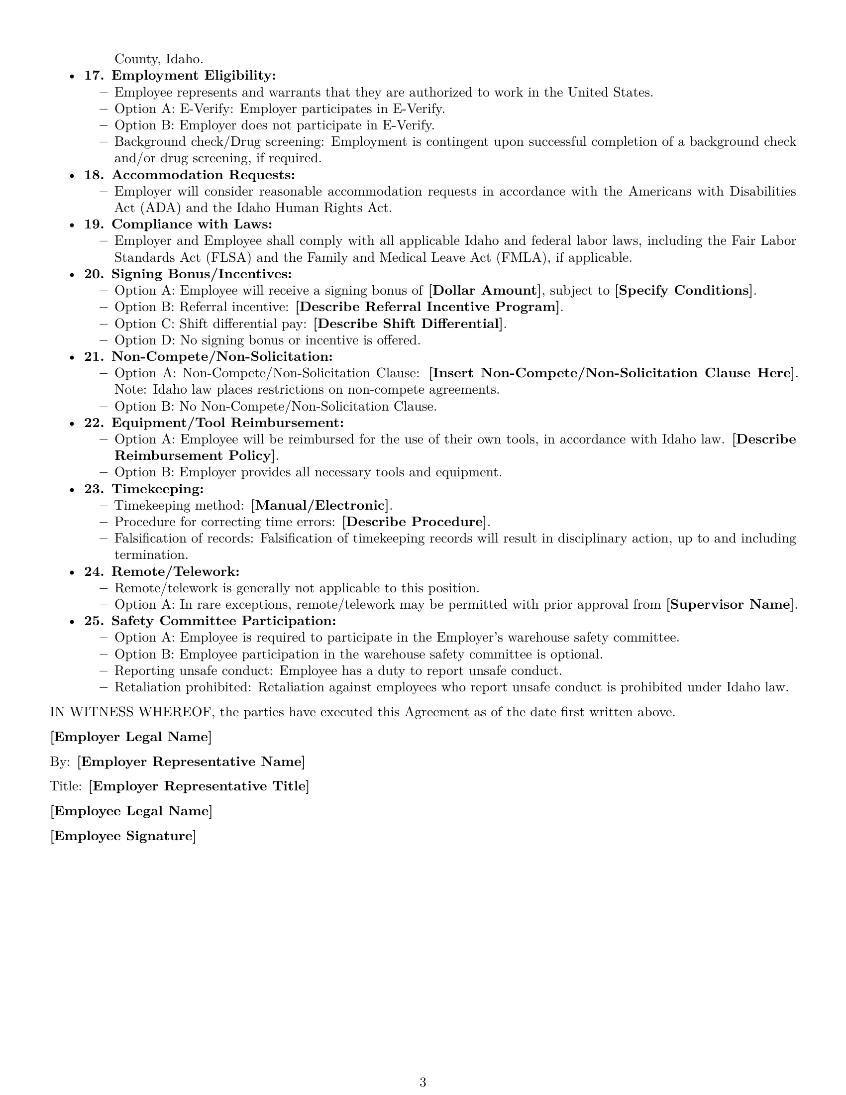 Preview page 3 of Free Idaho warehouse worker employment contract template