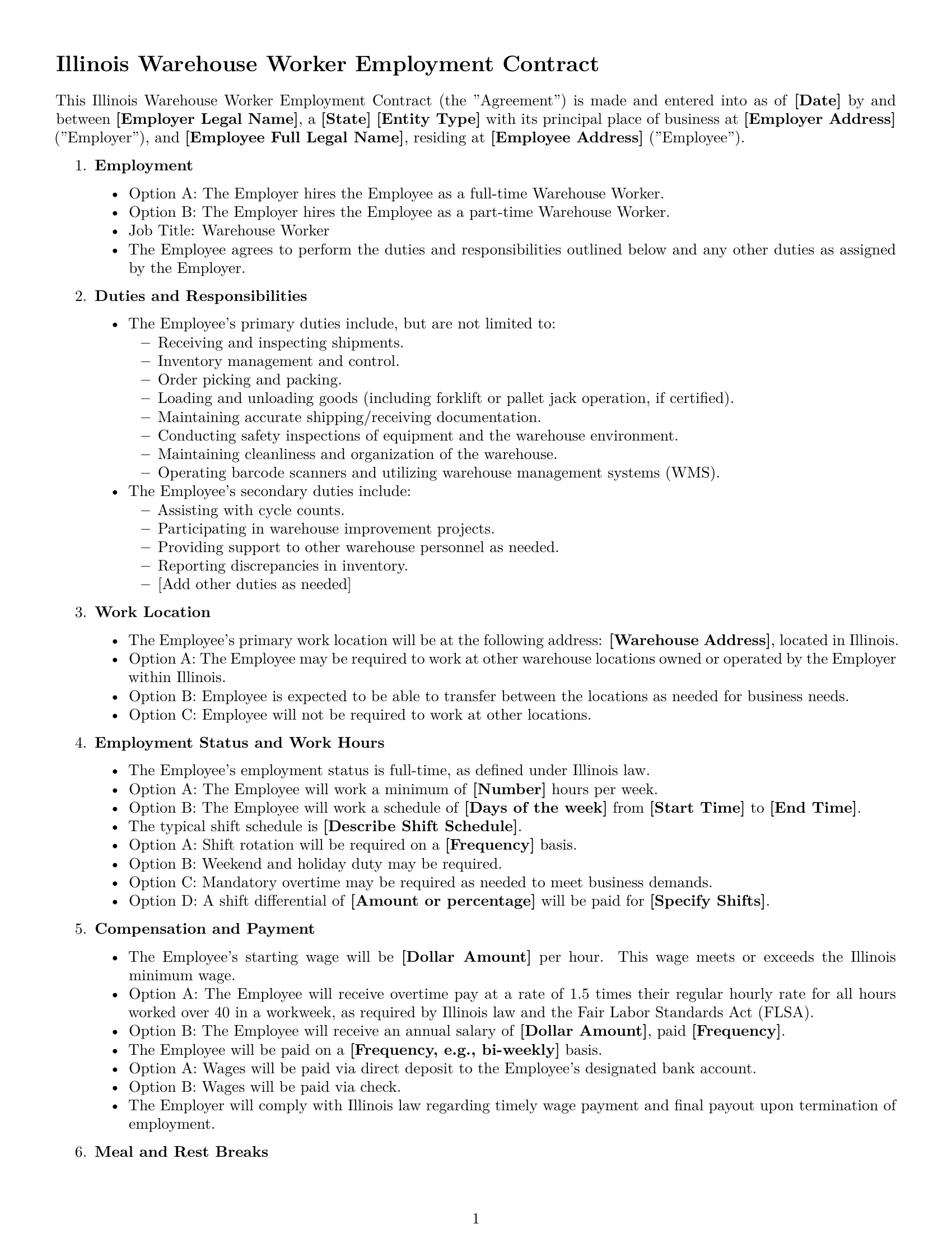 Preview page 1 of Free Illinois warehouse worker employment contract template