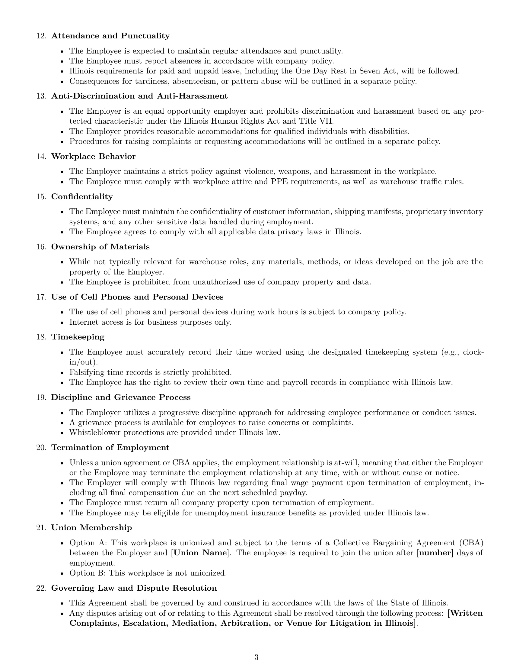 Preview page 3 of Free Illinois warehouse worker employment contract template