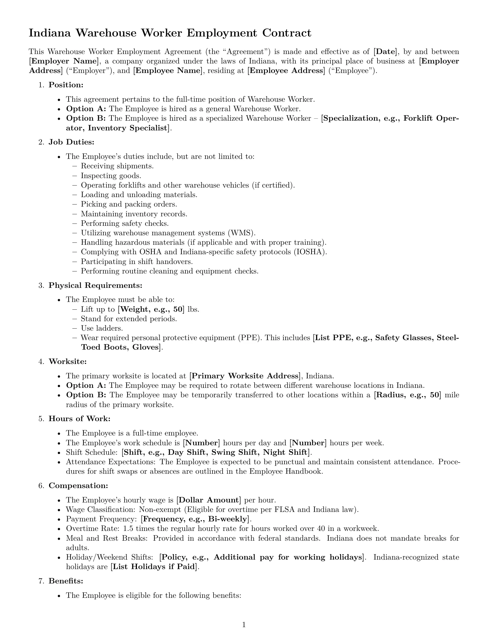 Preview page 1 of Free Indiana warehouse worker employment contract template