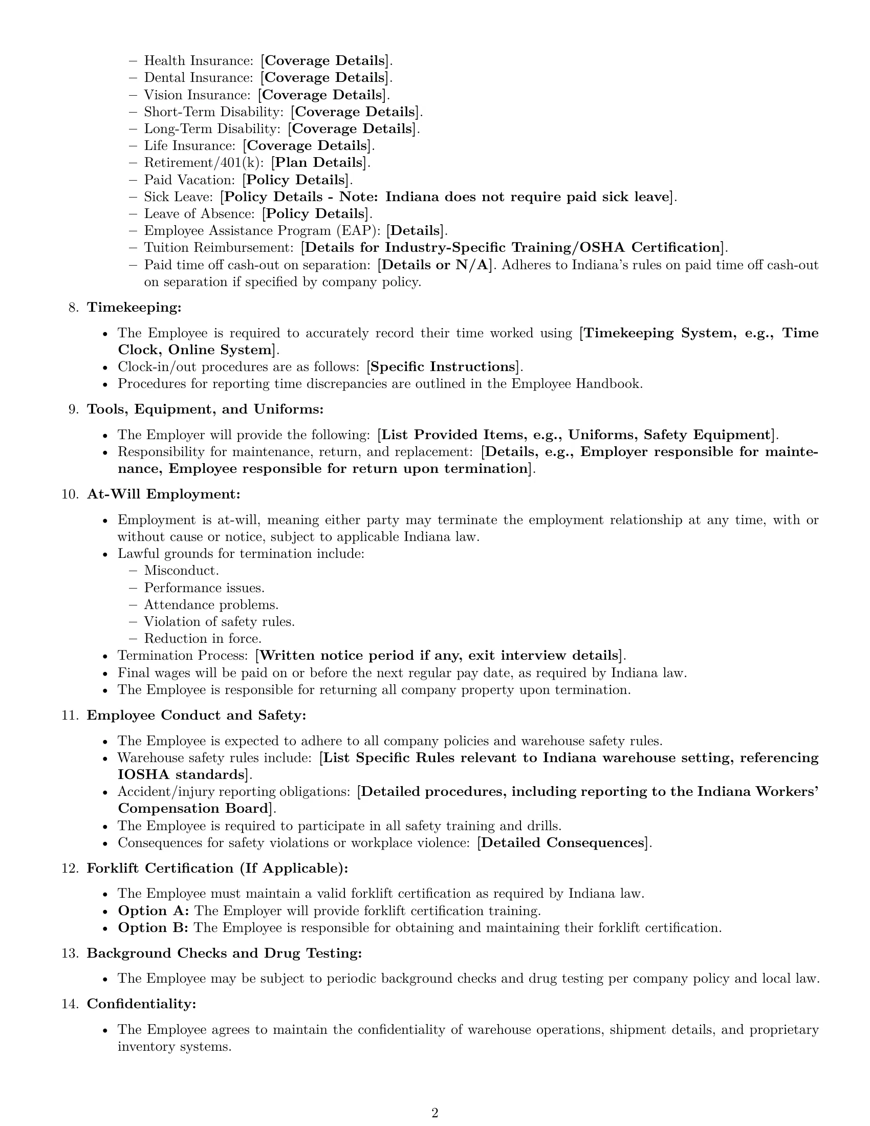 Preview page 2 of Free Indiana warehouse worker employment contract template