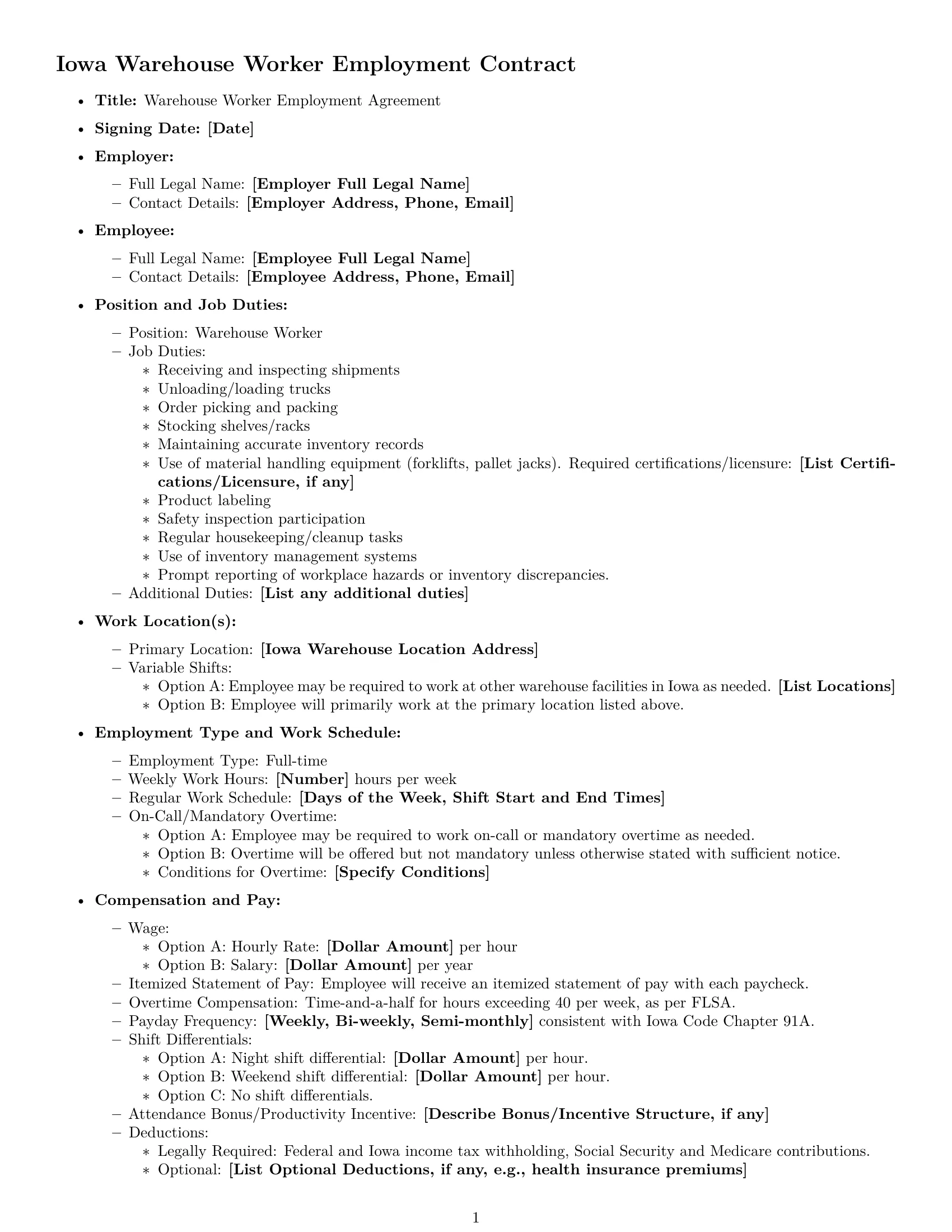 Preview page 1 of Free Iowa warehouse worker employment contract template