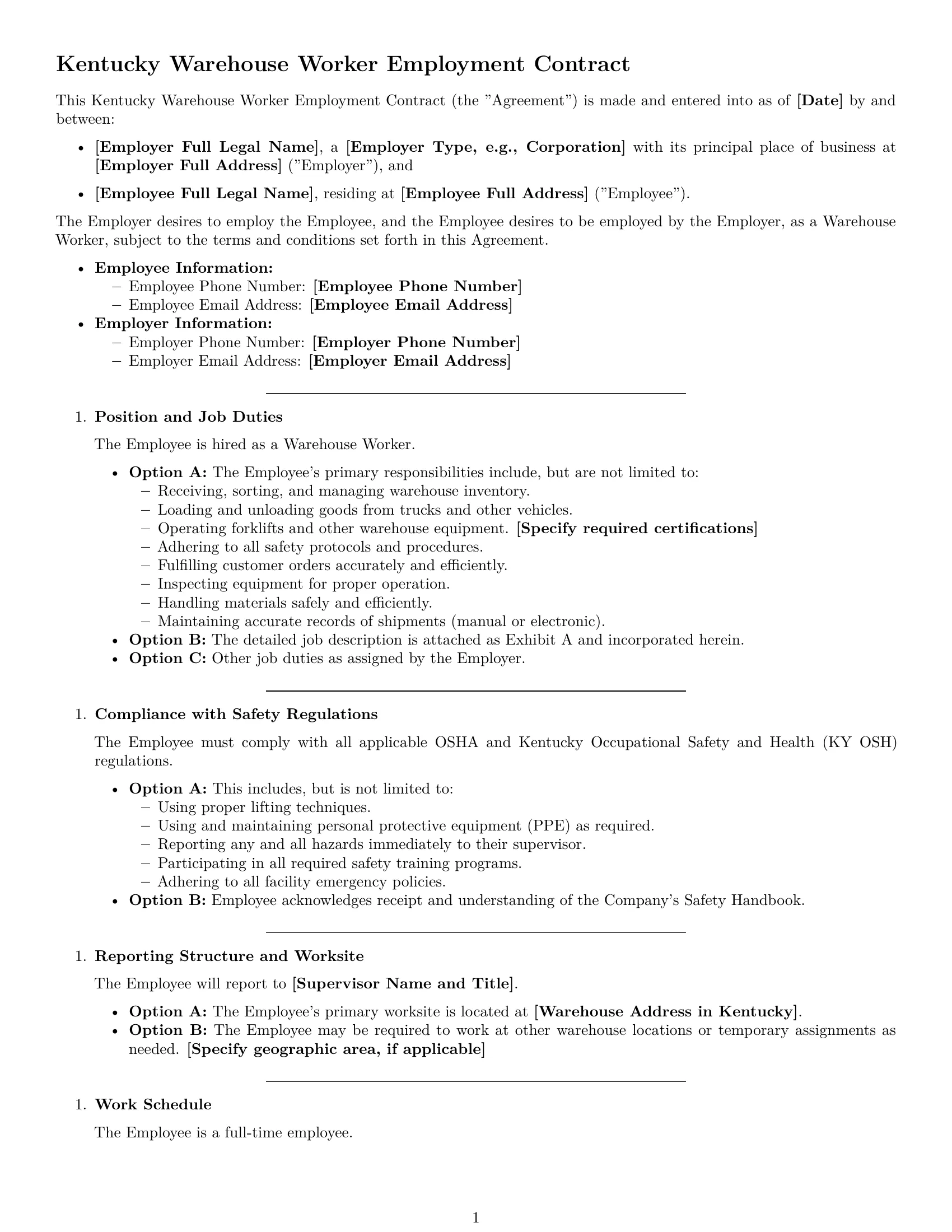 Preview page 1 of Free Kentucky warehouse worker employment contract template