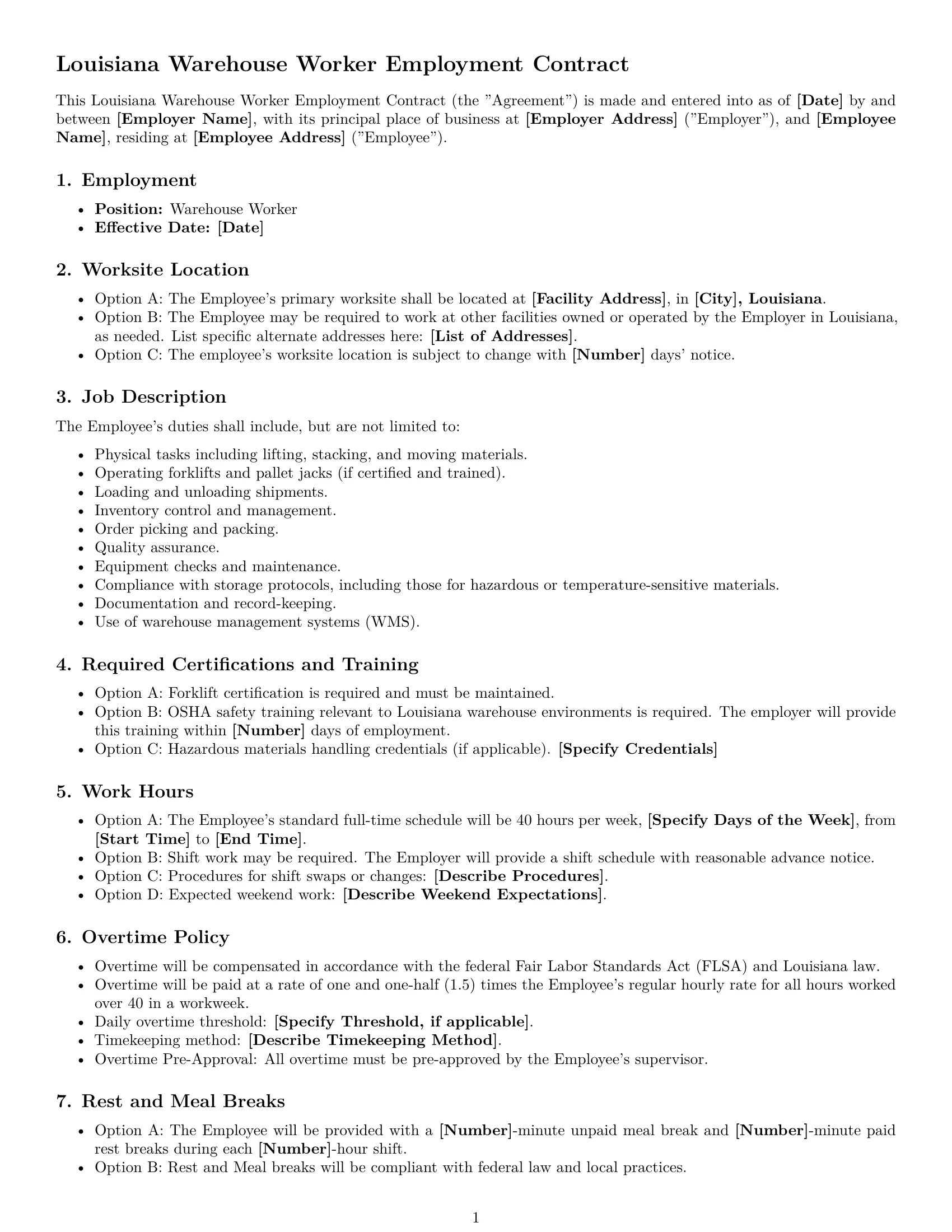Preview page 1 of Free Louisiana warehouse worker employment contract template