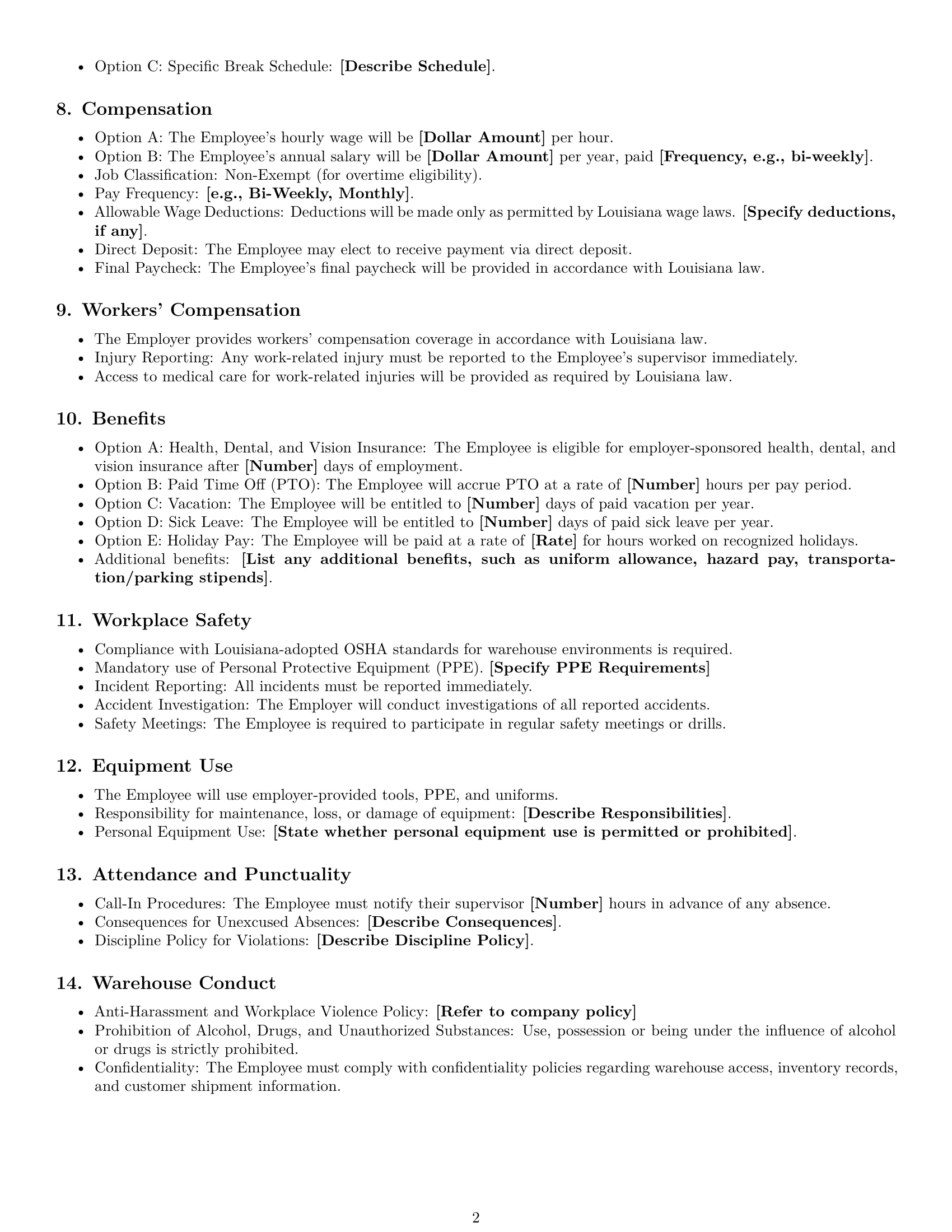 Preview page 2 of Free Louisiana warehouse worker employment contract template