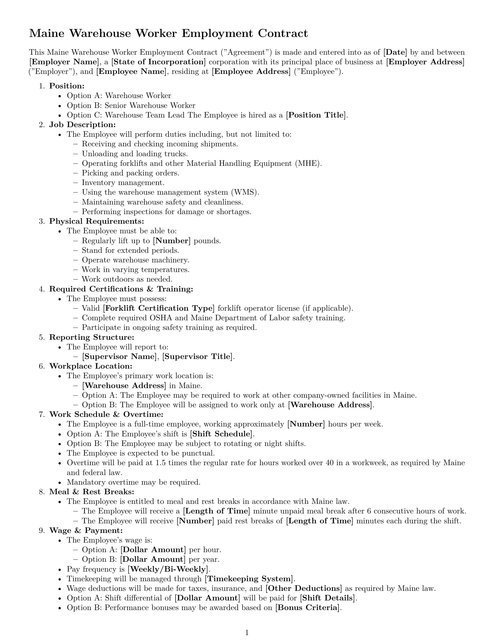 Preview page 1 of Free Maine warehouse worker employment contract template