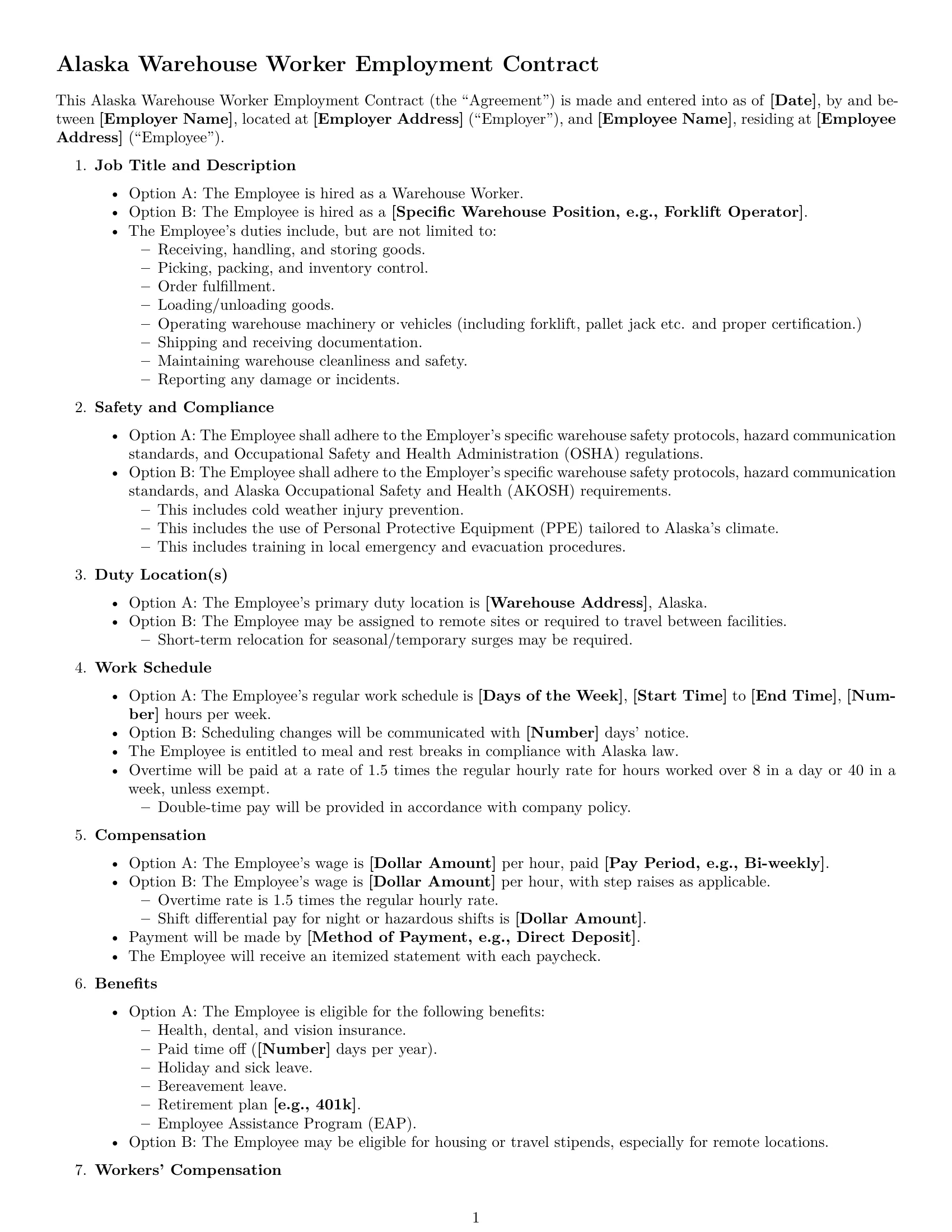 Preview page 1 of Free Alaska warehouse worker employment contract template