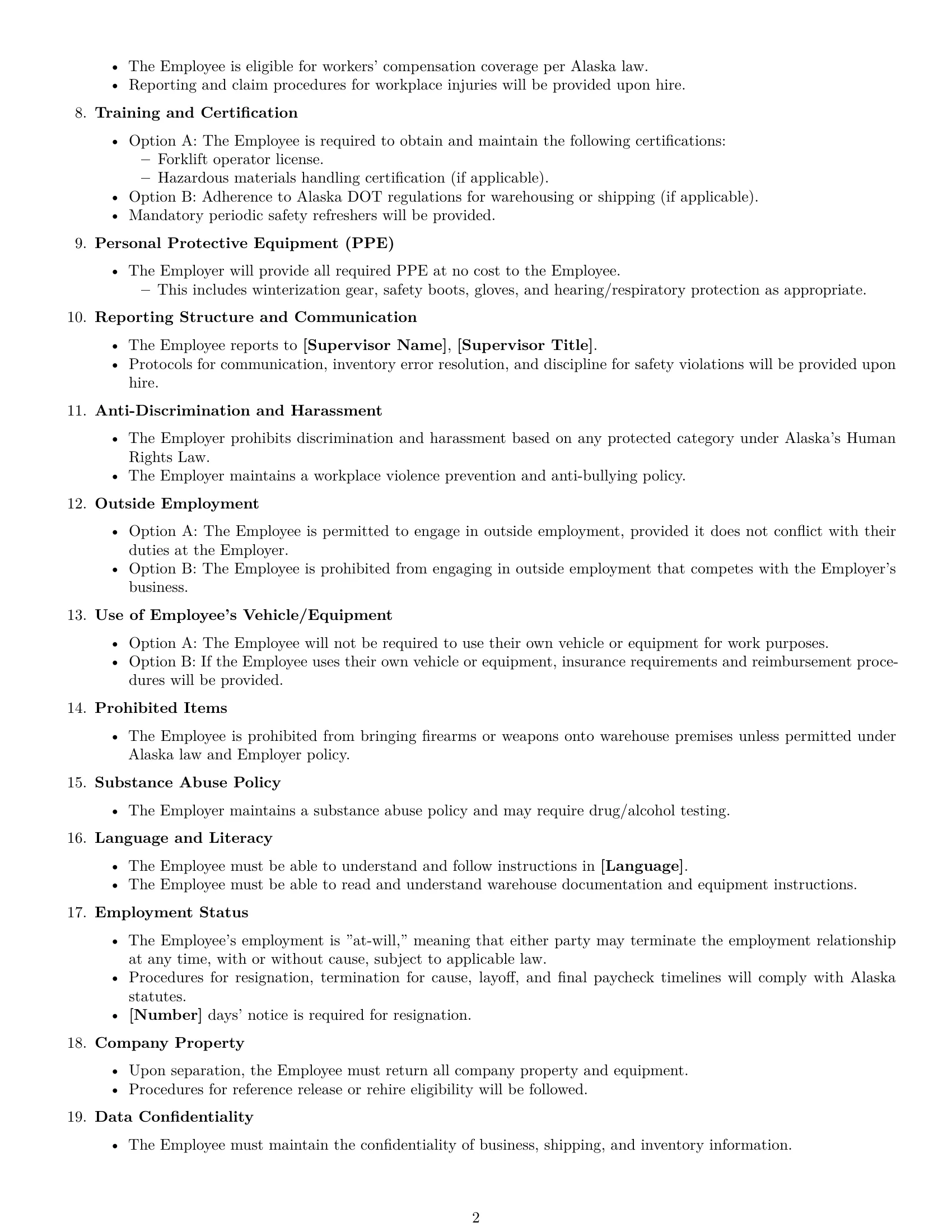 Preview page 2 of Free Alaska warehouse worker employment contract template