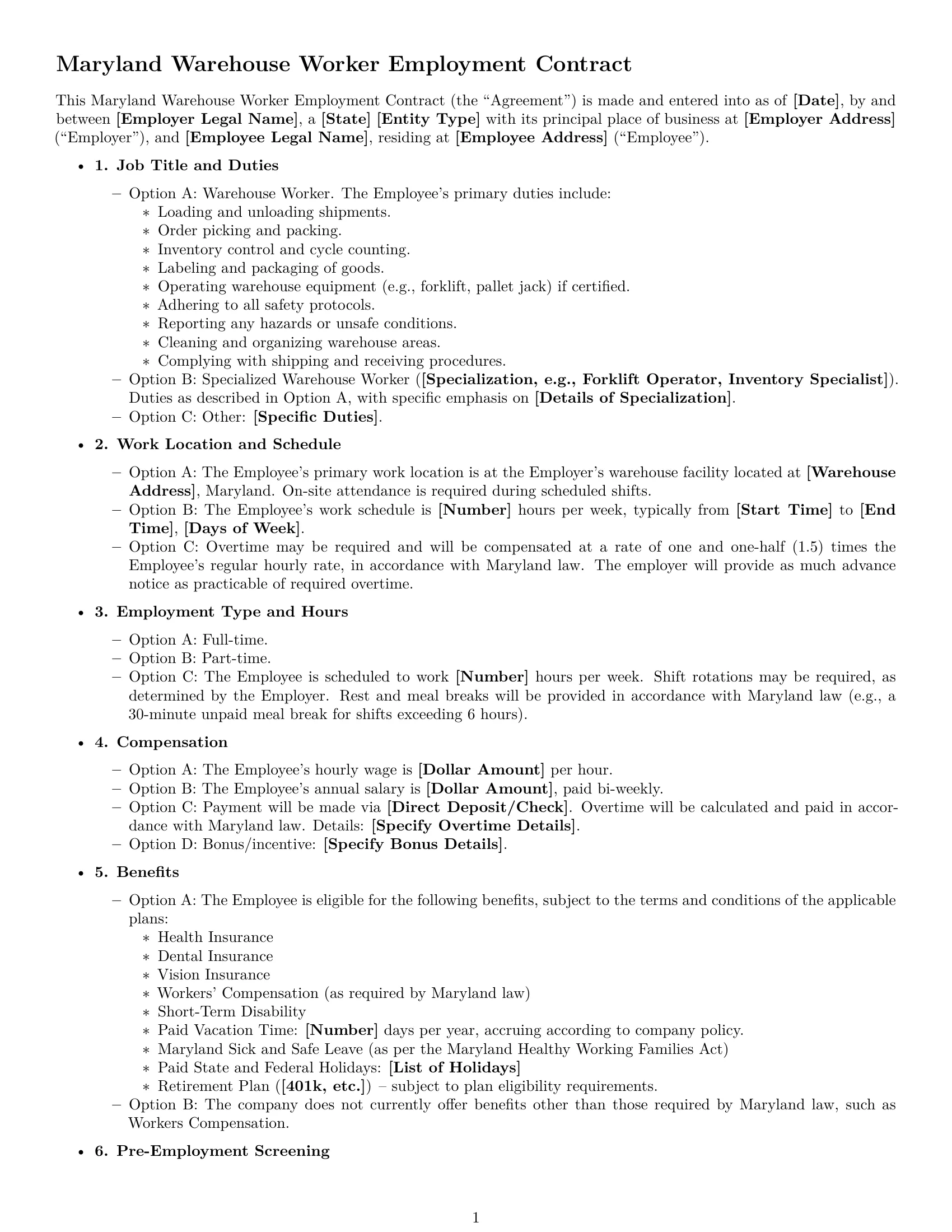 Preview page 1 of Free Maryland warehouse worker employment contract template