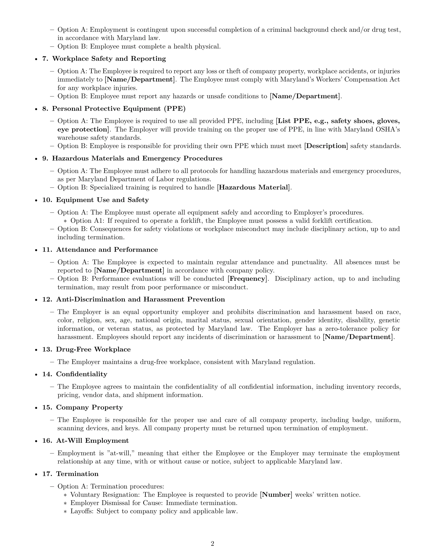 Preview page 2 of Free Maryland warehouse worker employment contract template