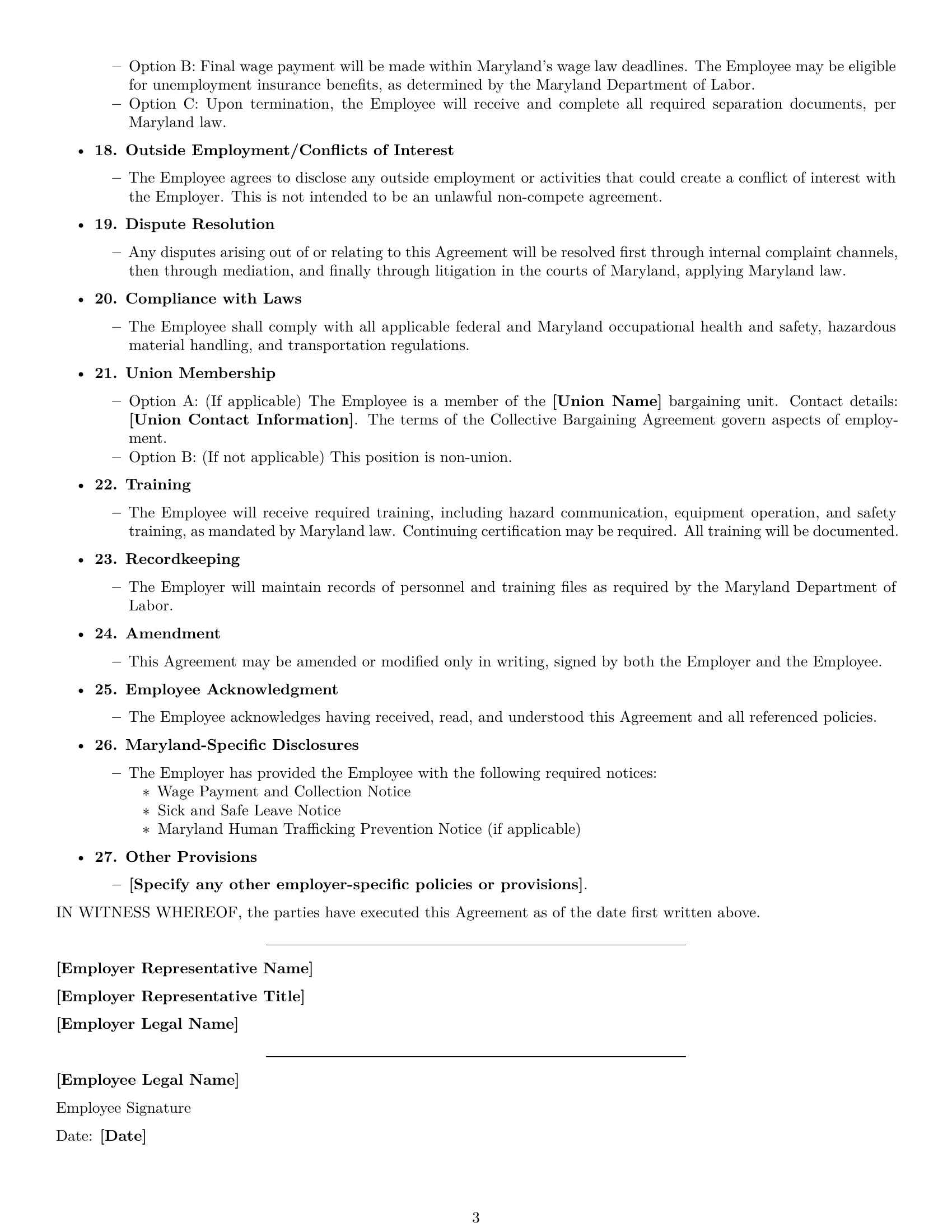 Preview page 3 of Free Maryland warehouse worker employment contract template