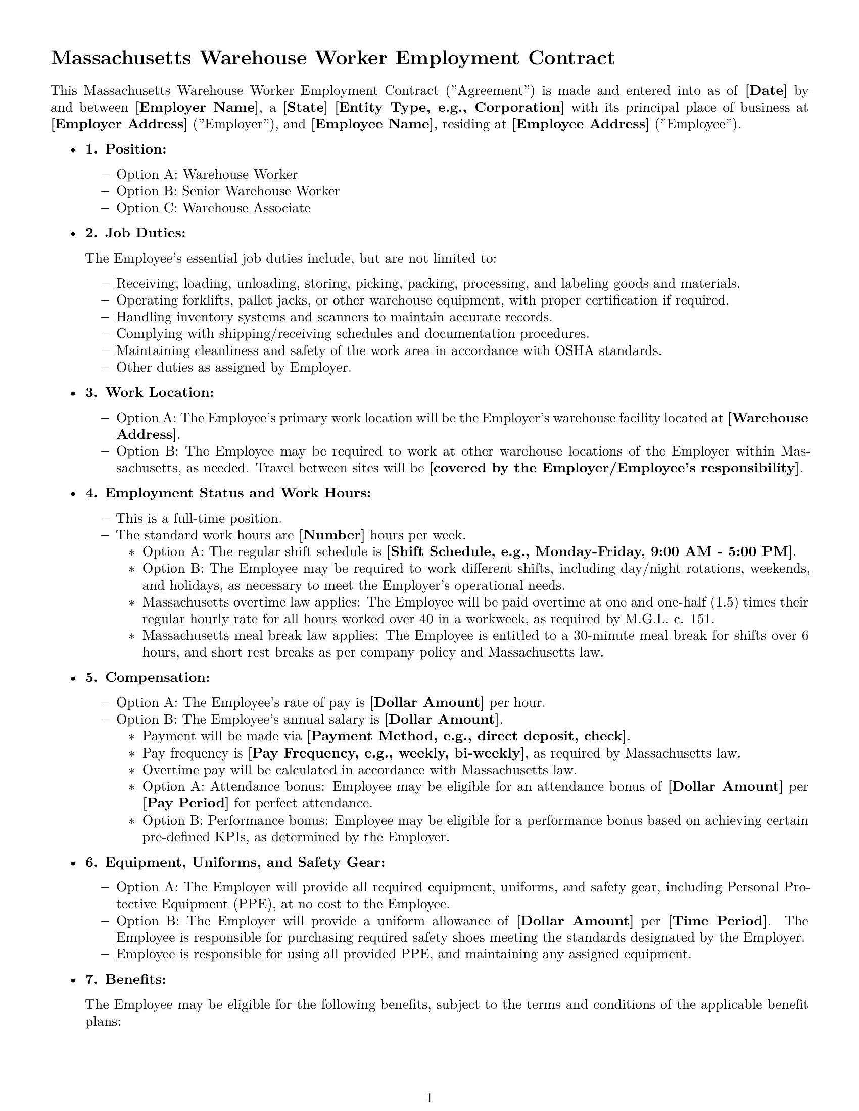 Preview page 1 of Free Massachusetts warehouse worker employment contract template