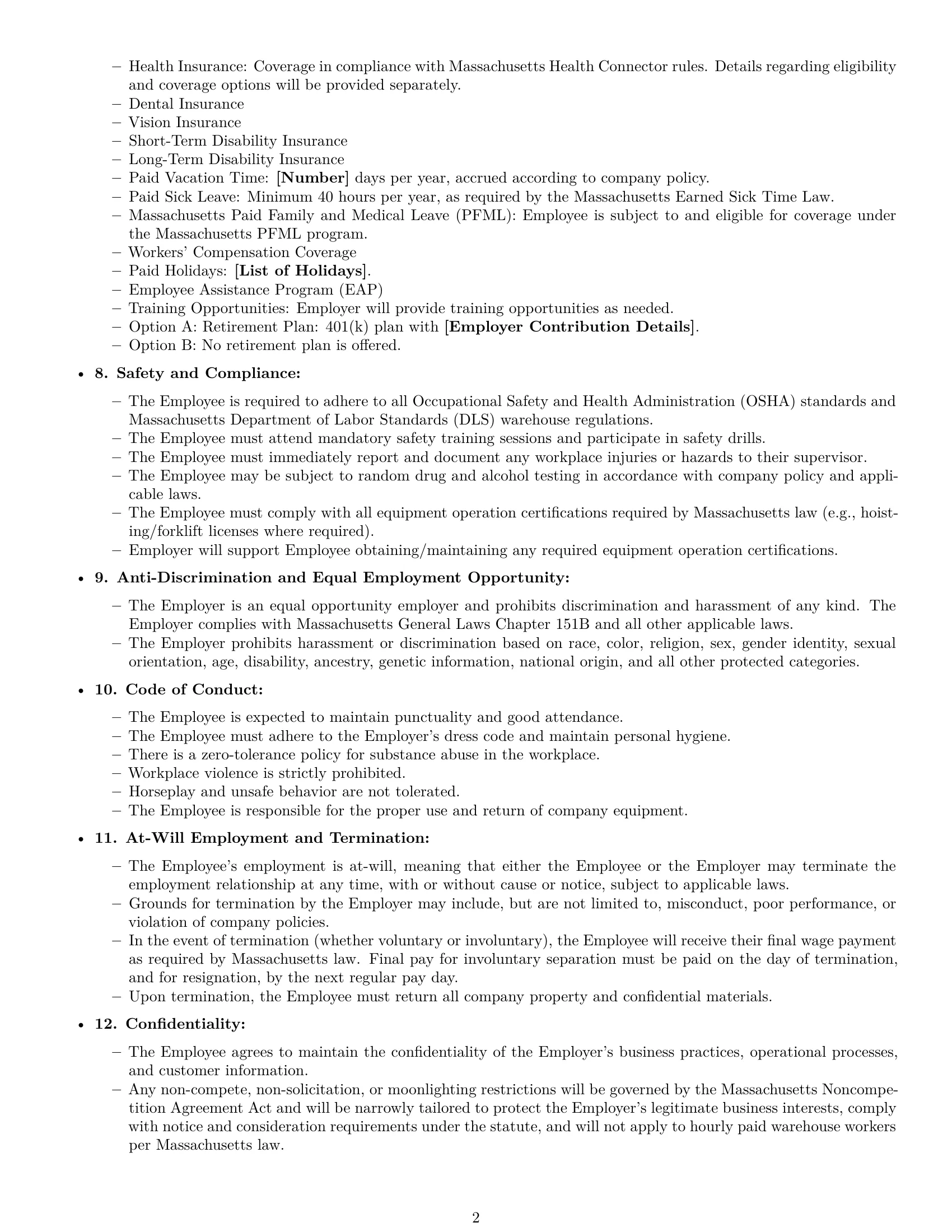 Preview page 2 of Free Massachusetts warehouse worker employment contract template