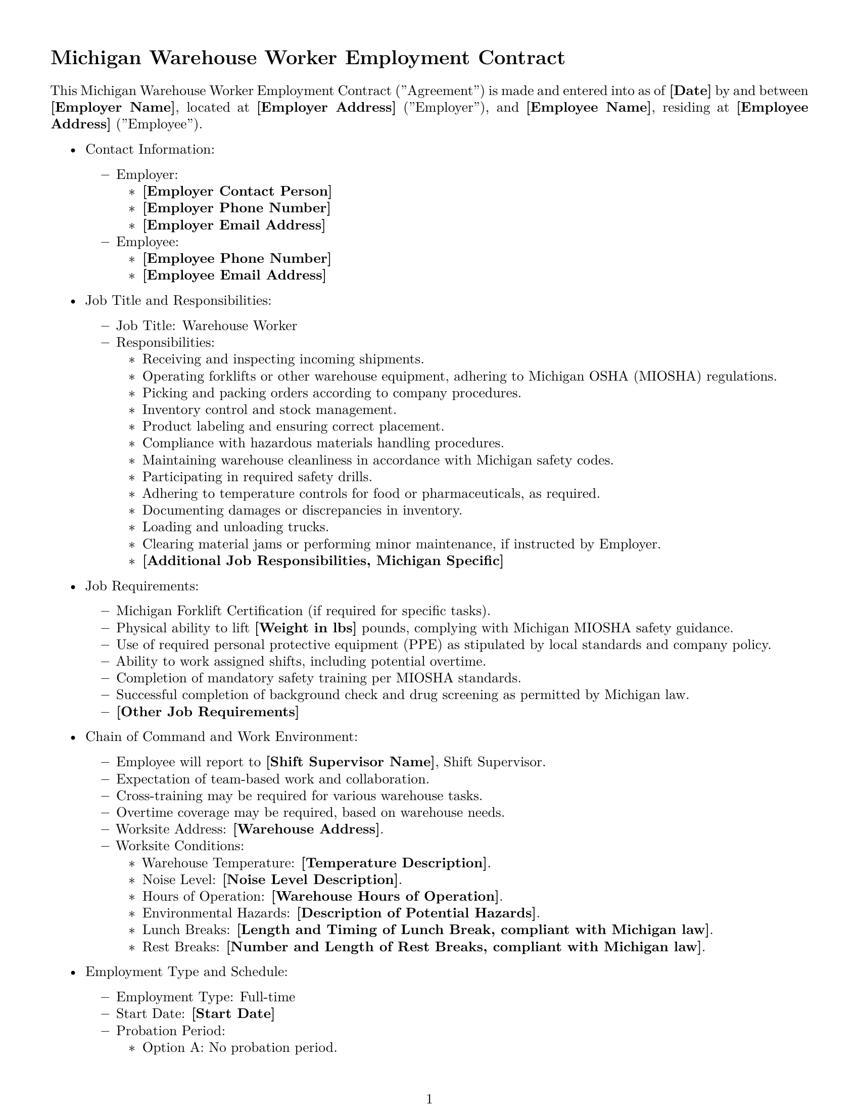Preview page 1 of Free Michigan warehouse worker employment contract template
