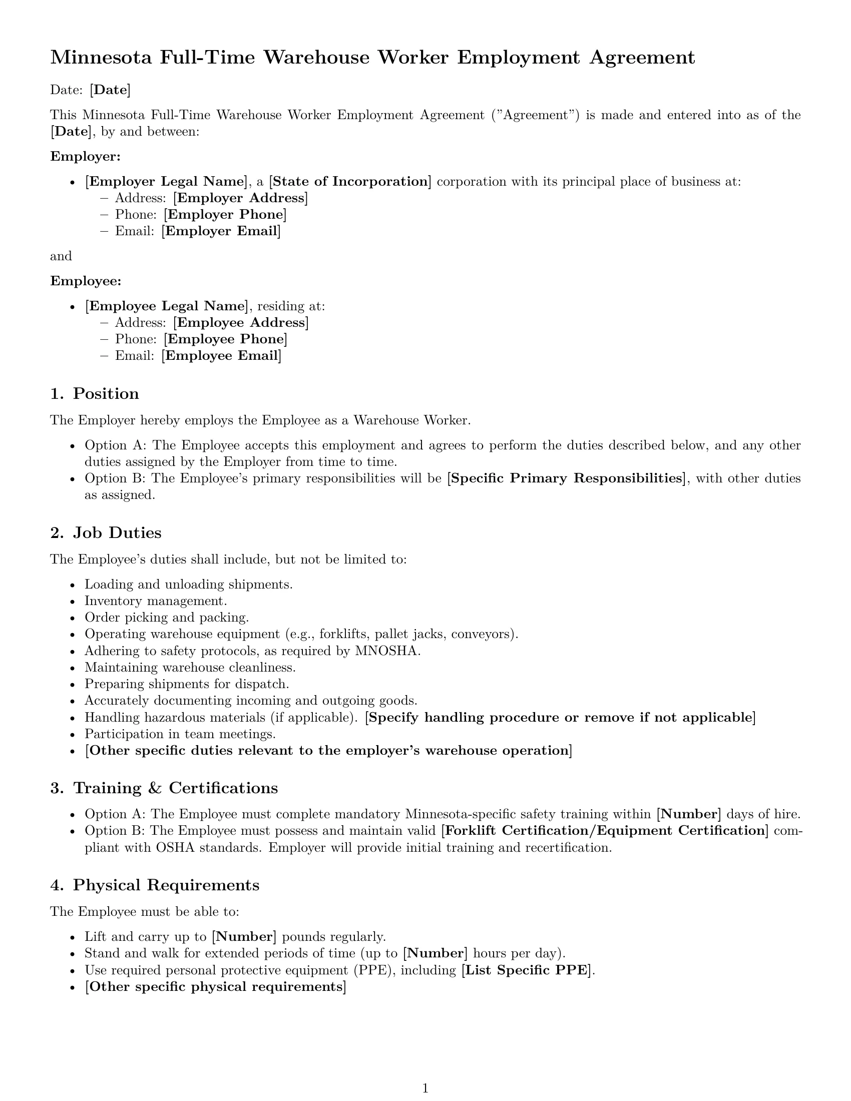 Preview page 1 of Free Minnesota warehouse worker employment contract template