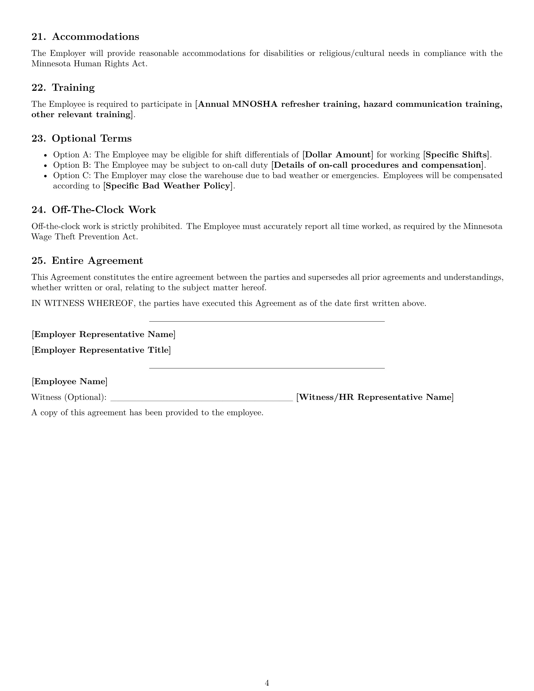 Preview page 4 of Free Minnesota warehouse worker employment contract template