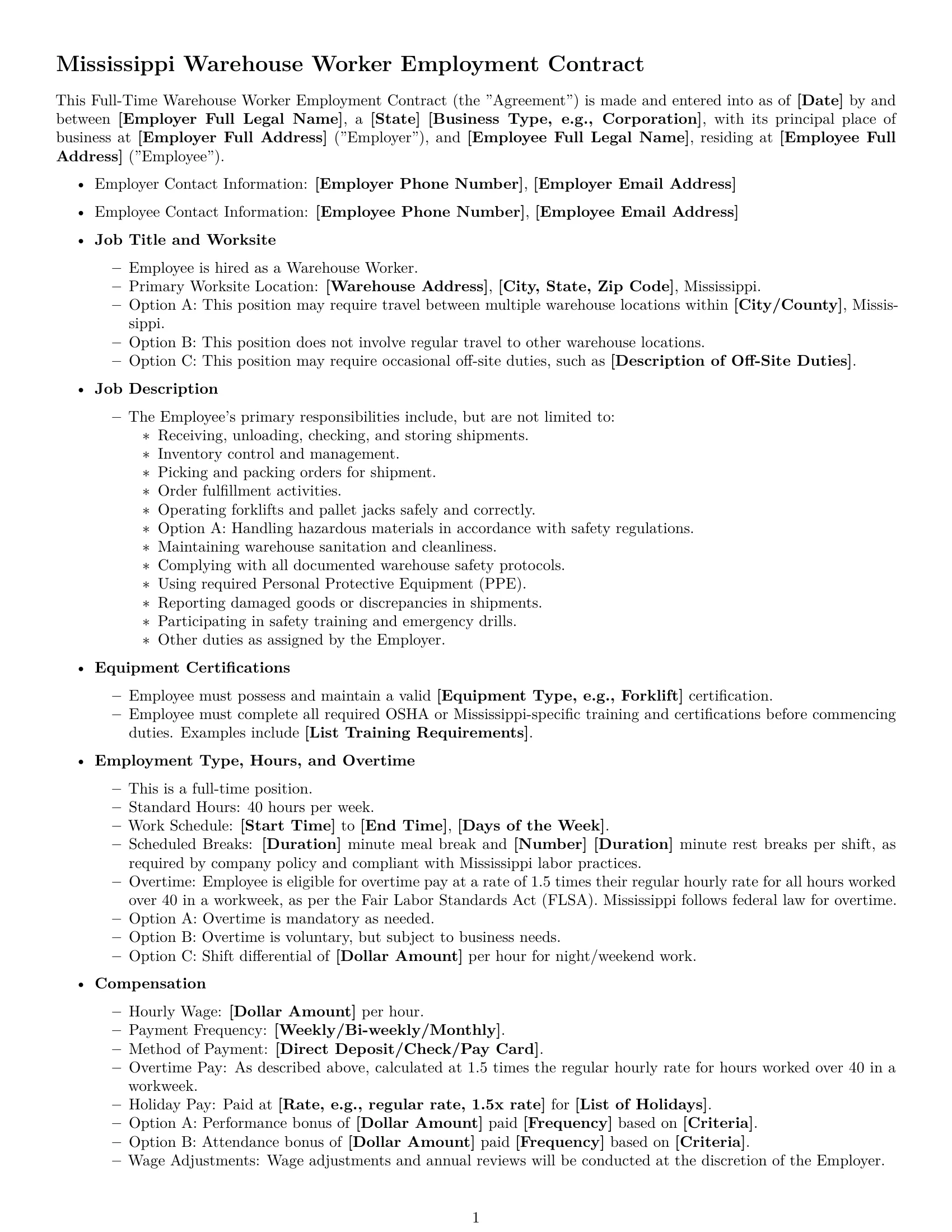 Preview page 1 of Free Mississippi warehouse worker employment contract template
