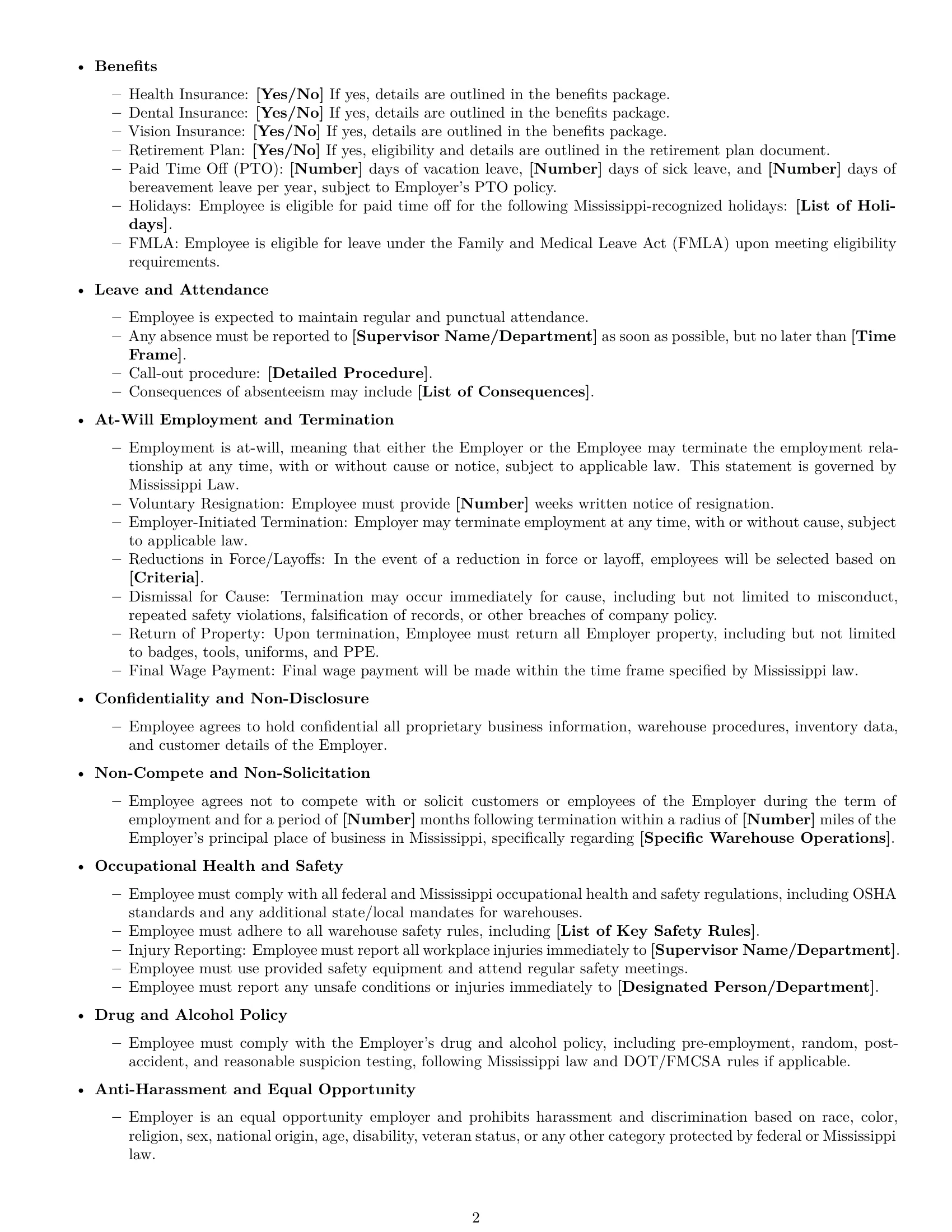 Preview page 2 of Free Mississippi warehouse worker employment contract template