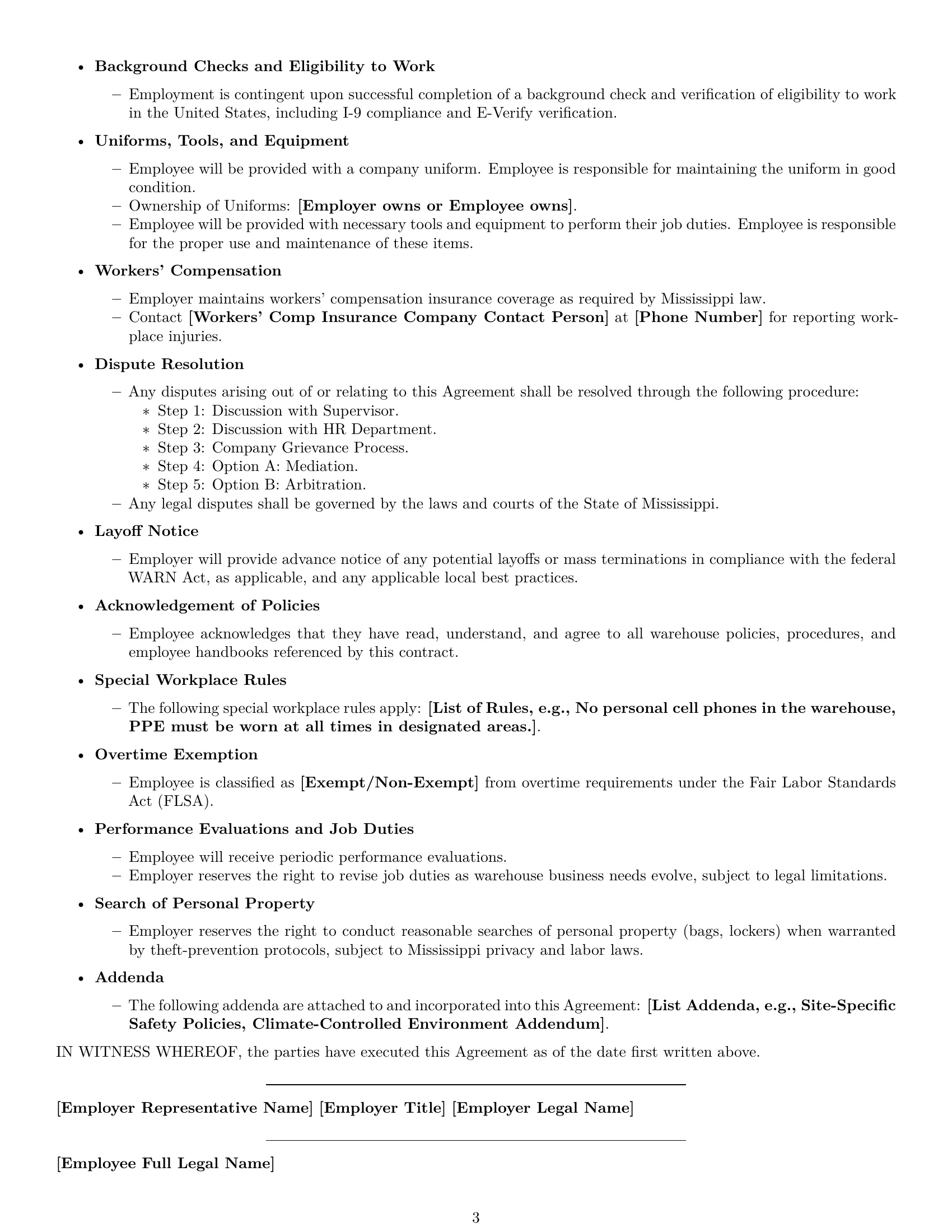 Preview page 3 of Free Mississippi warehouse worker employment contract template