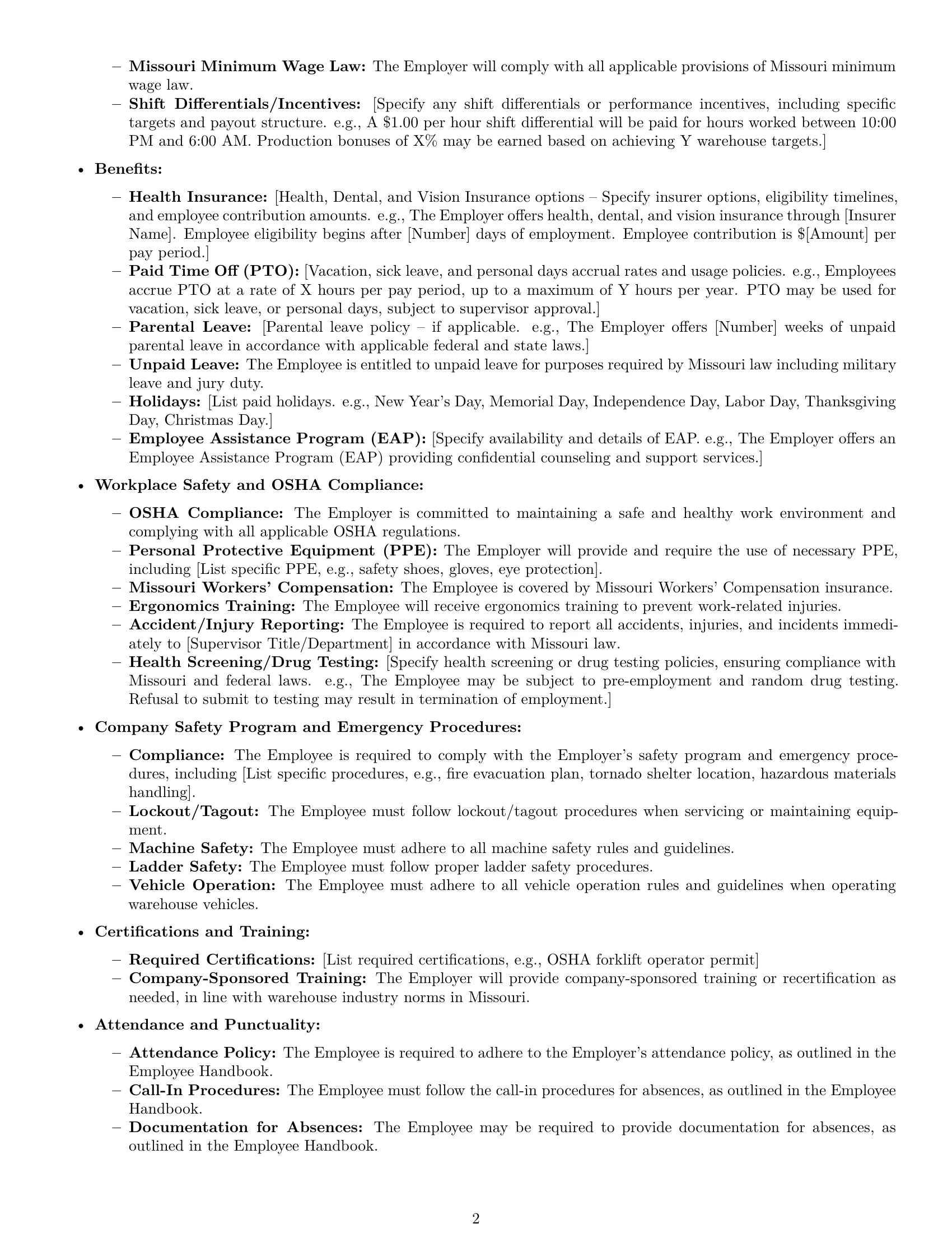 Preview page 2 of Free Missouri warehouse worker employment contract template