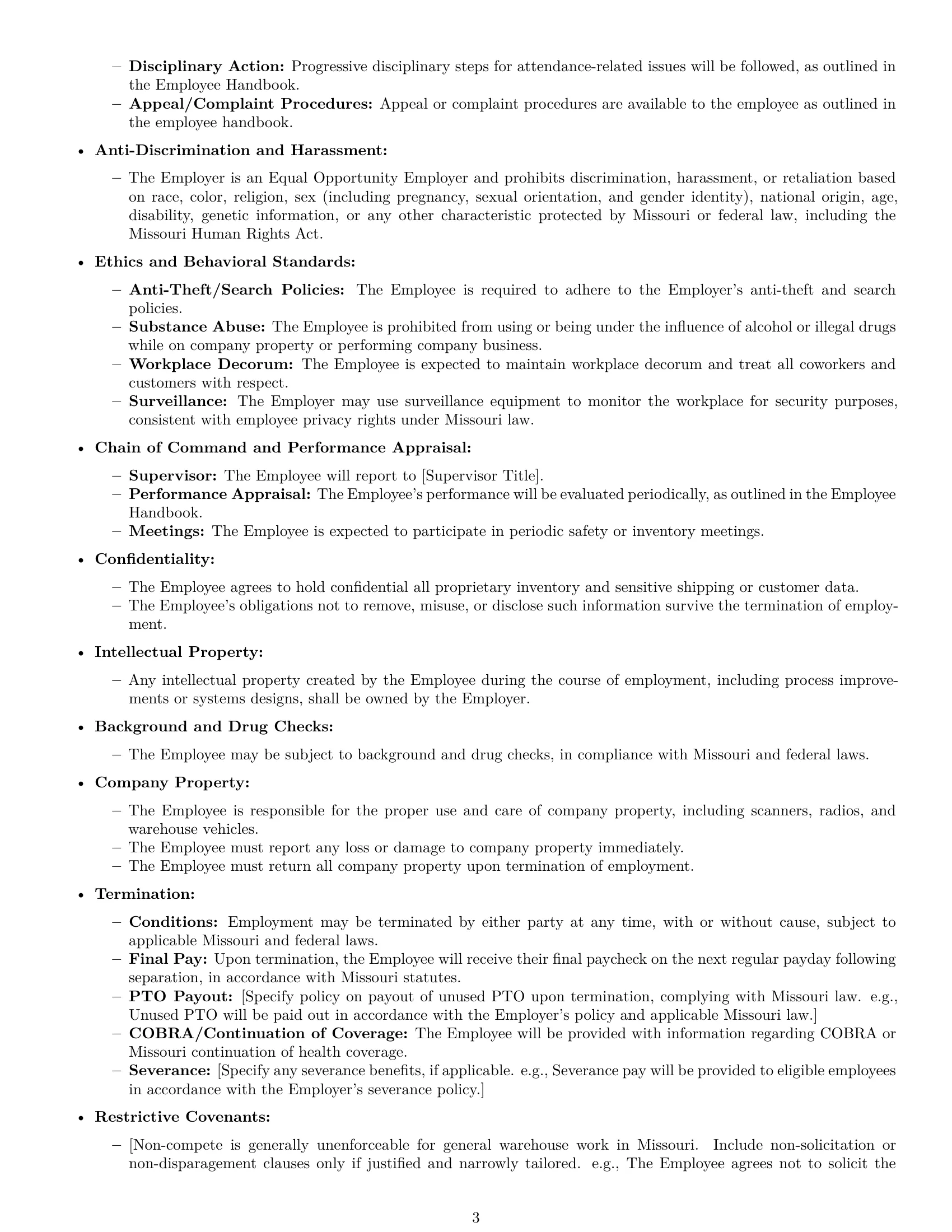 Preview page 3 of Free Missouri warehouse worker employment contract template