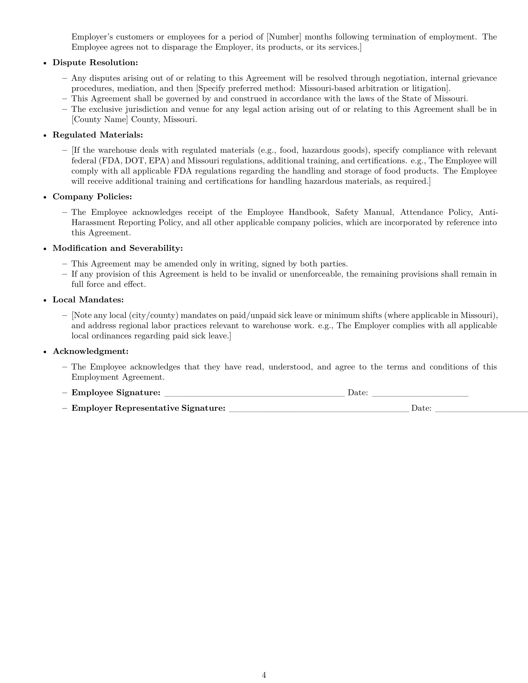 Preview page 4 of Free Missouri warehouse worker employment contract template