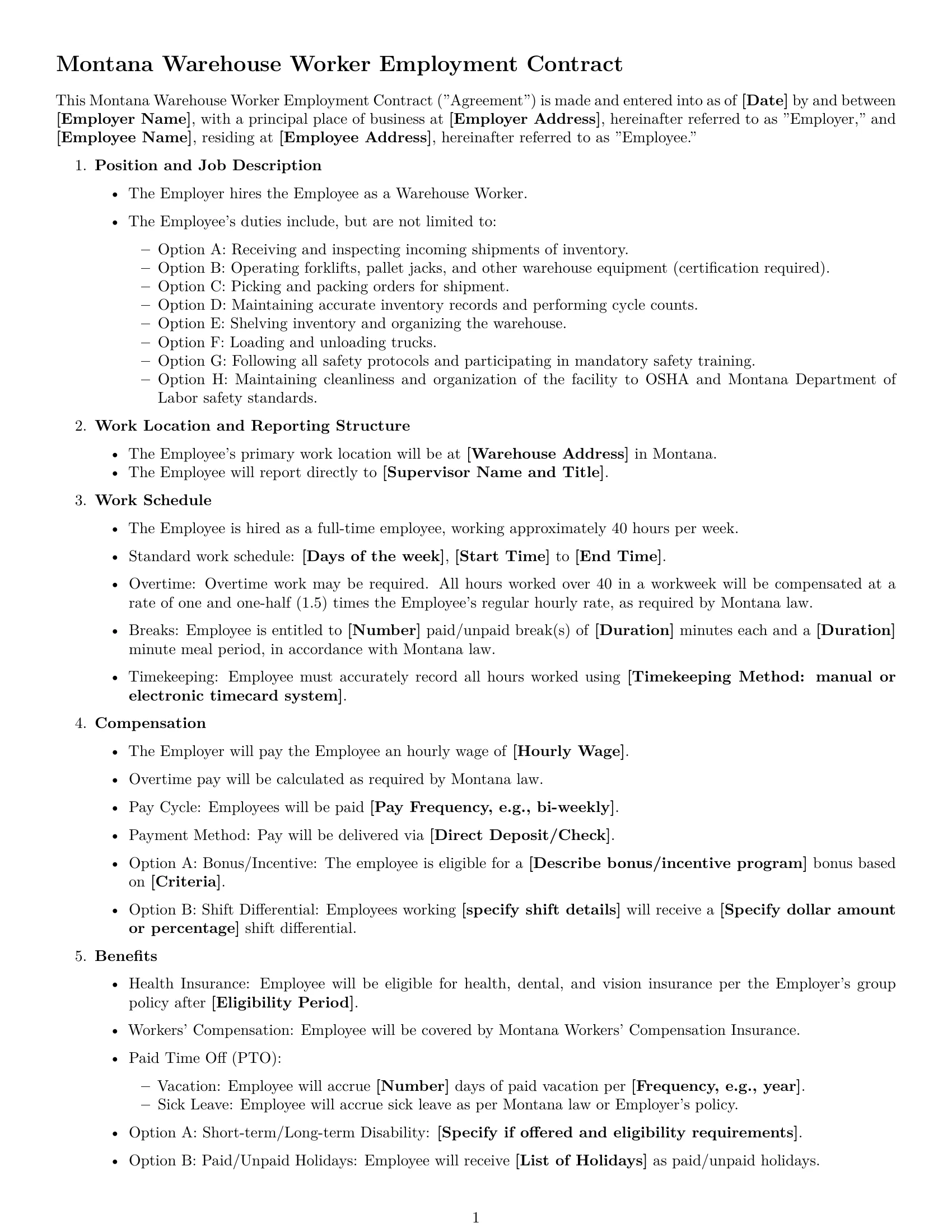 Preview page 1 of Free Montana warehouse worker employment contract template