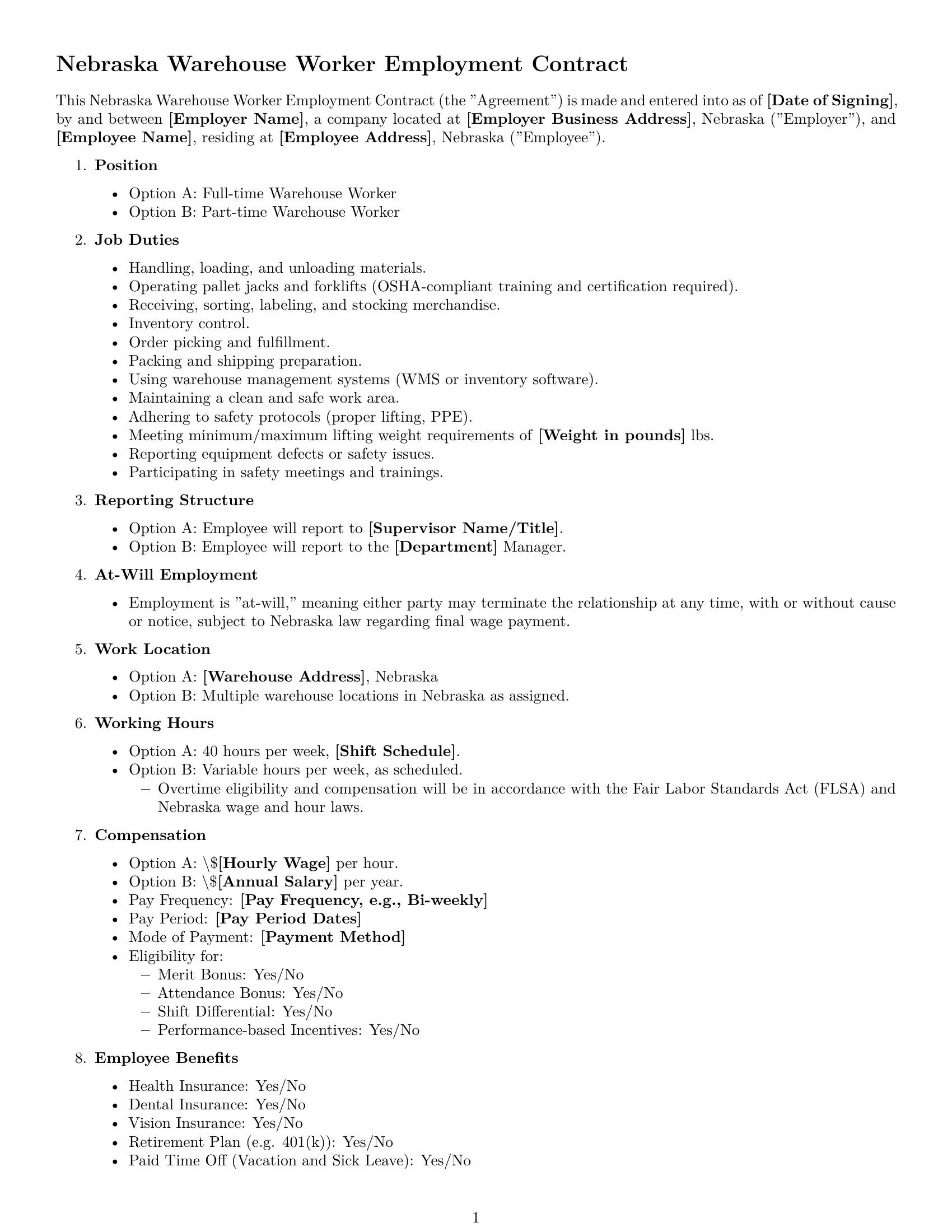 Preview page 1 of Free Nebraska warehouse worker employment contract template
