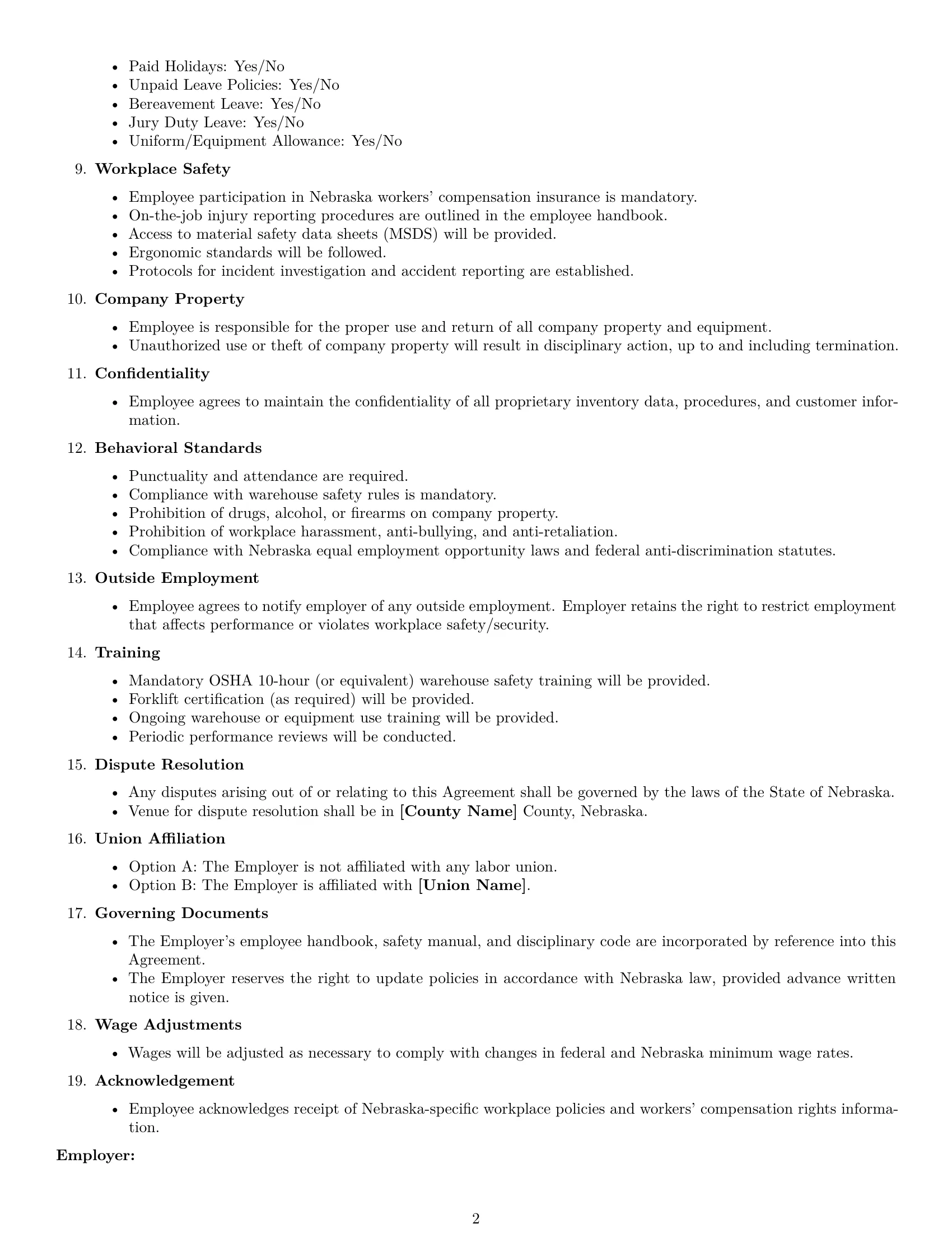 Preview page 2 of Free Nebraska warehouse worker employment contract template