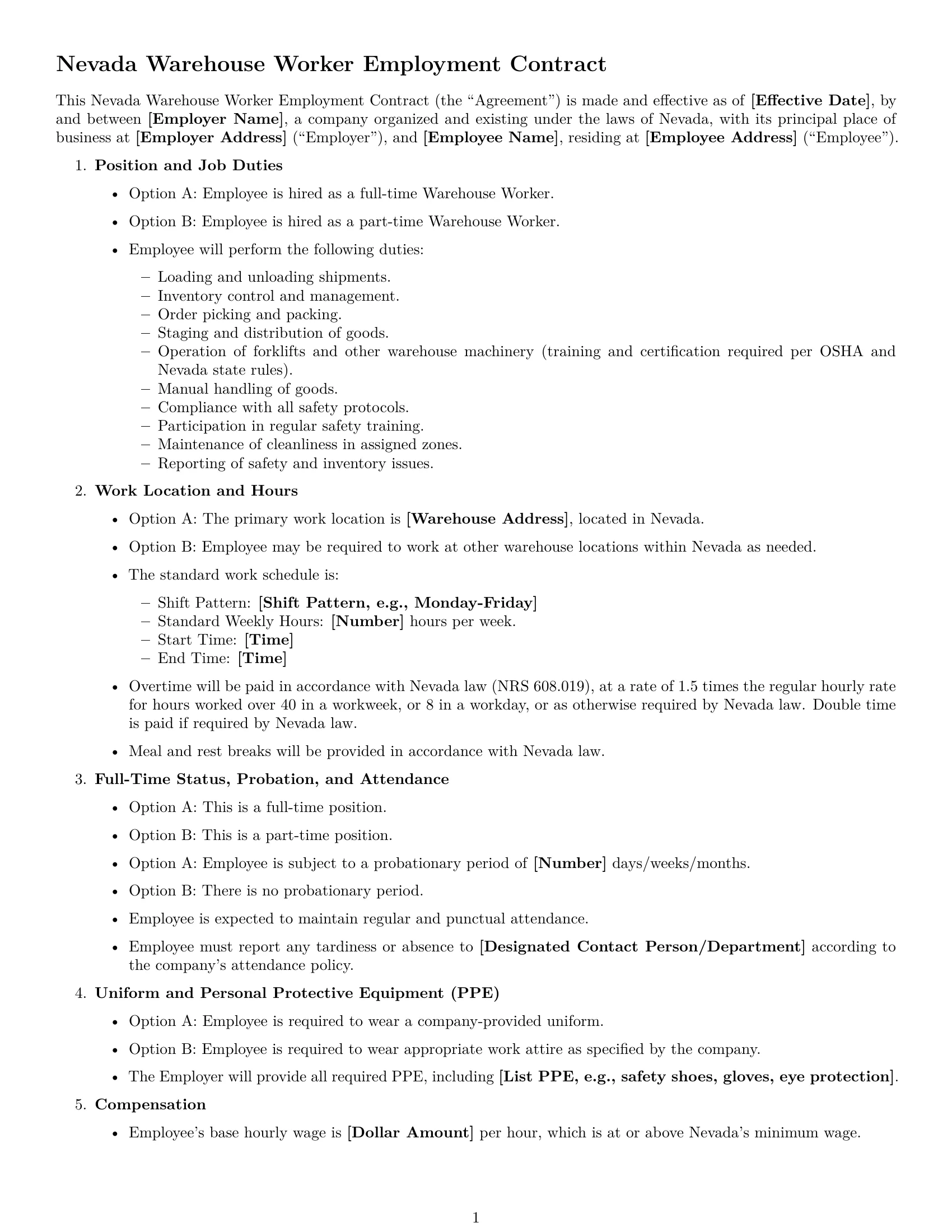 Preview page 1 of Free Nevada warehouse worker employment contract template