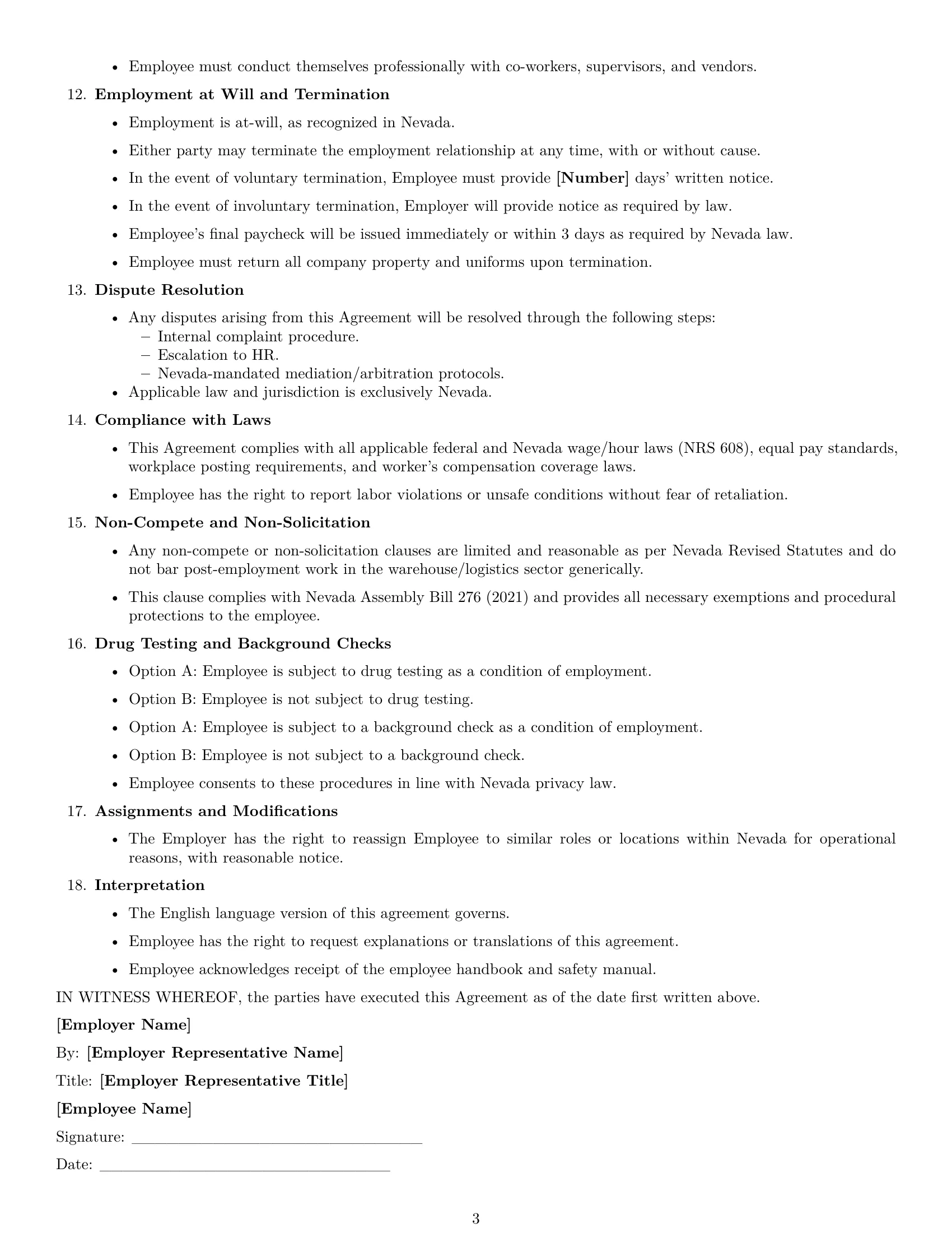 Preview page 3 of Free Nevada warehouse worker employment contract template
