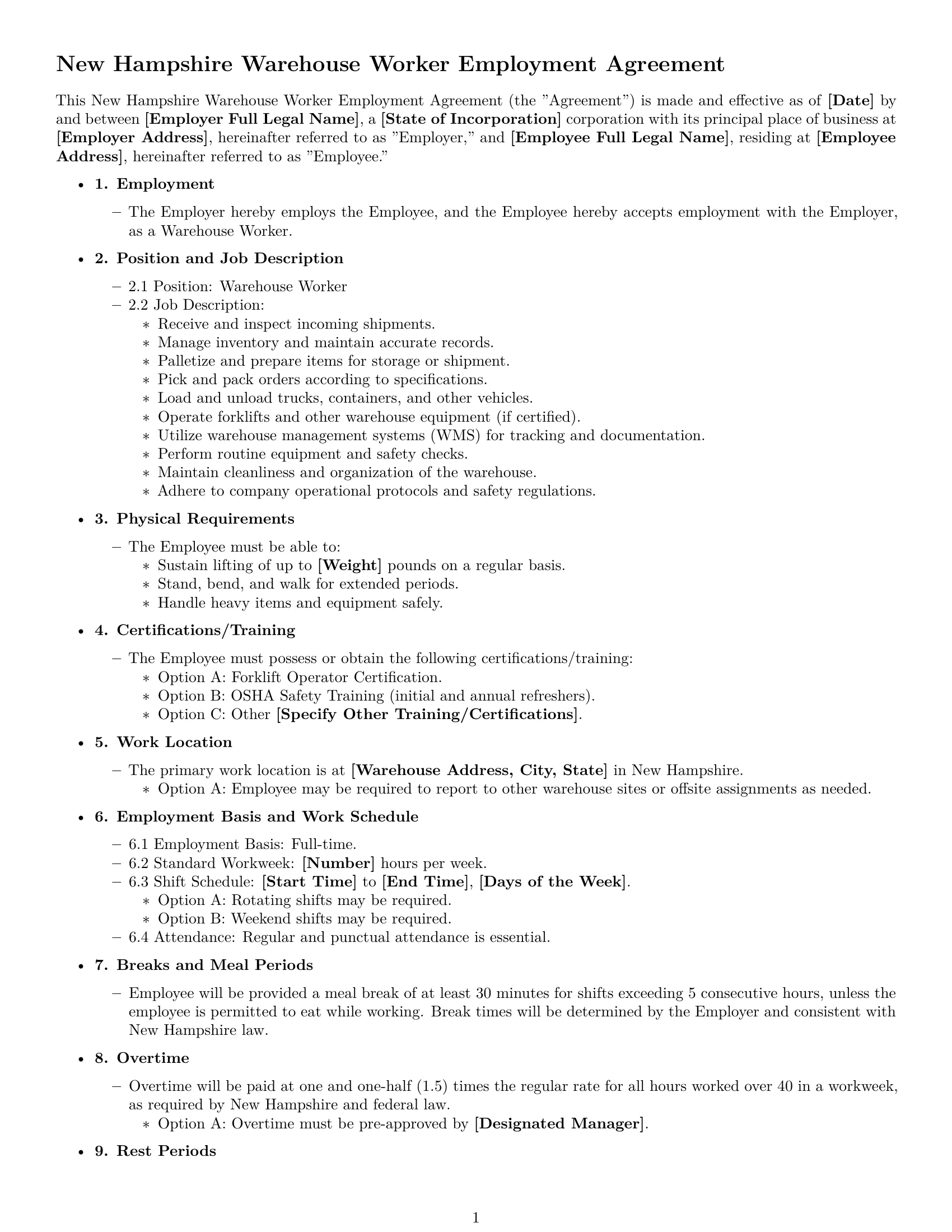 Preview page 1 of Free New Hampshire warehouse worker employment contract template