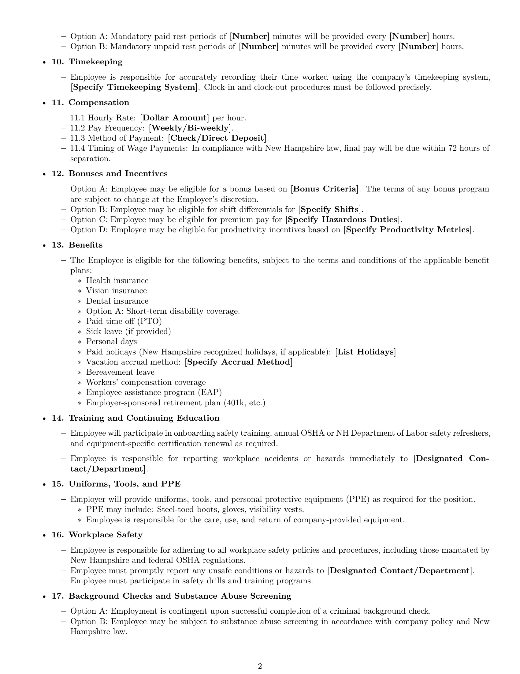 Preview page 2 of Free New Hampshire warehouse worker employment contract template