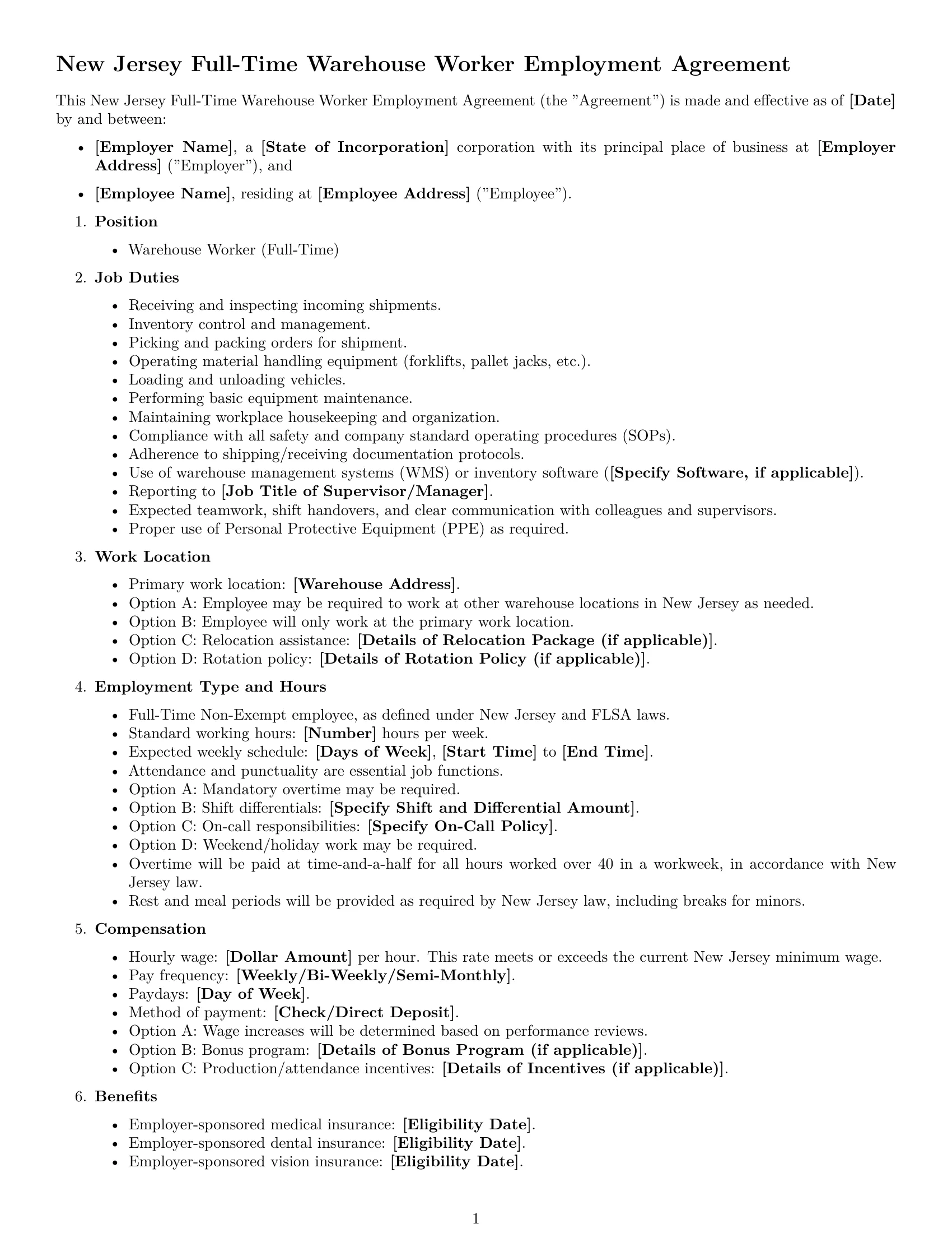 Preview page 1 of Free New Jersey warehouse worker employment contract template