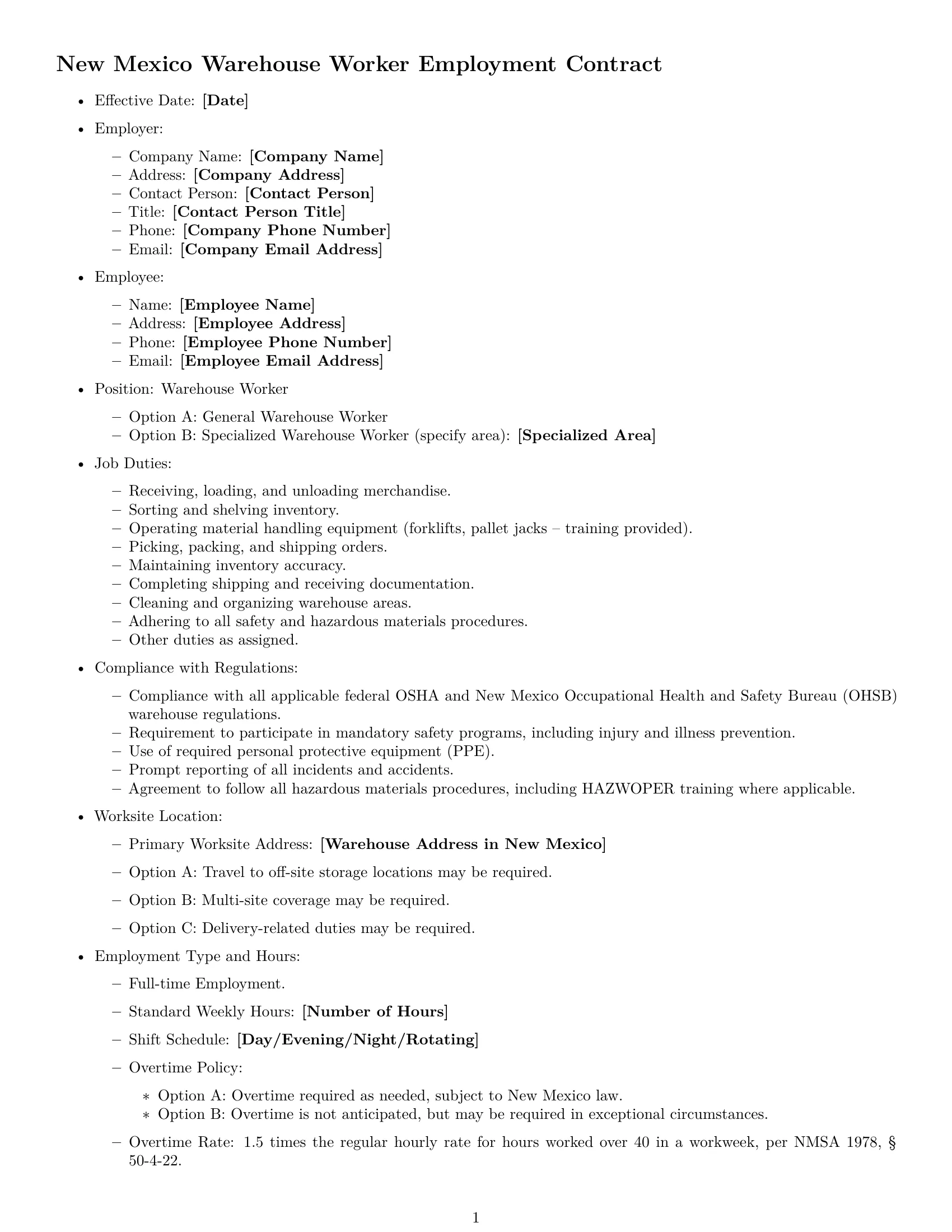 Preview page 1 of Free New Mexico warehouse worker employment contract template