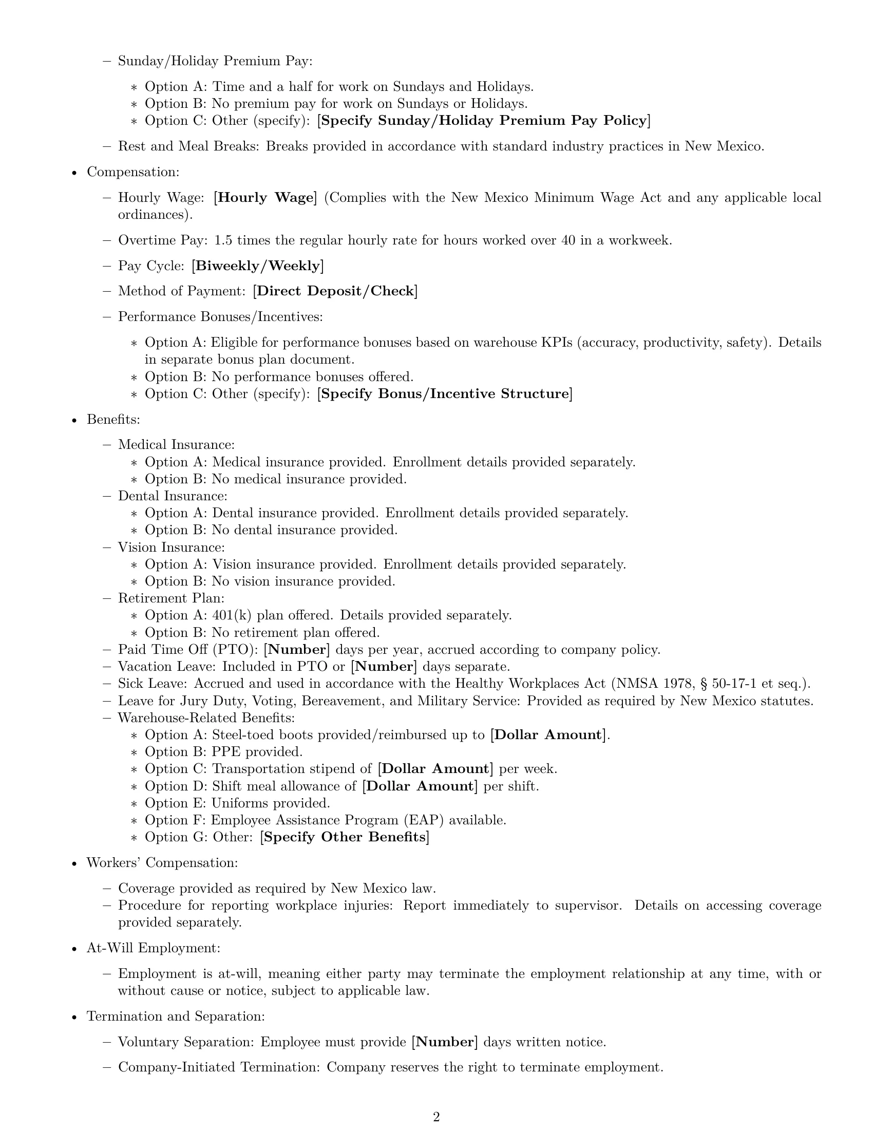 Preview page 2 of Free New Mexico warehouse worker employment contract template