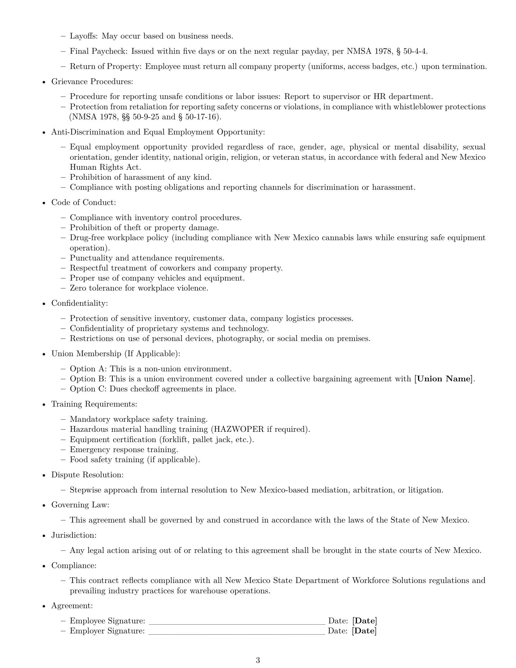 Preview page 3 of Free New Mexico warehouse worker employment contract template