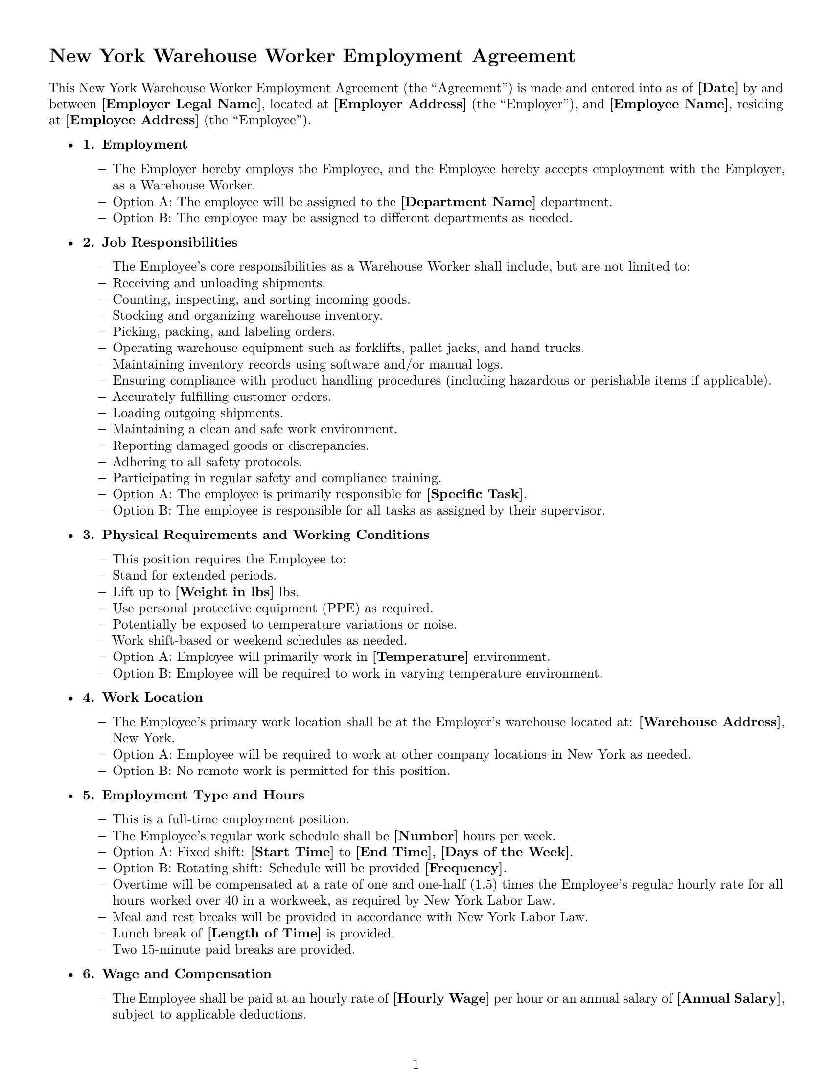 Preview page 1 of Free New York warehouse worker employment contract template